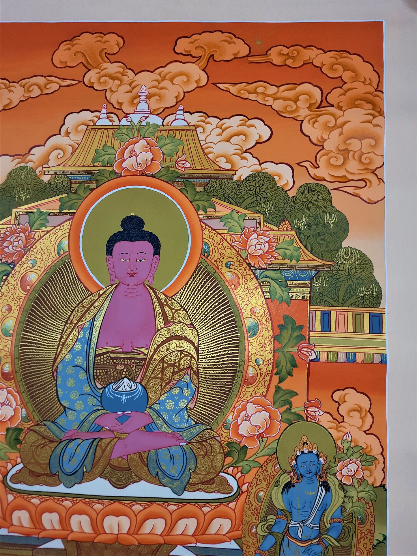 Original Hand Painted Amitabha Buddha WITH TWO BODHISATTVA Masterpiece Tibetan Compassion / Meditation Thangka / Thanka  Painting From Nepal