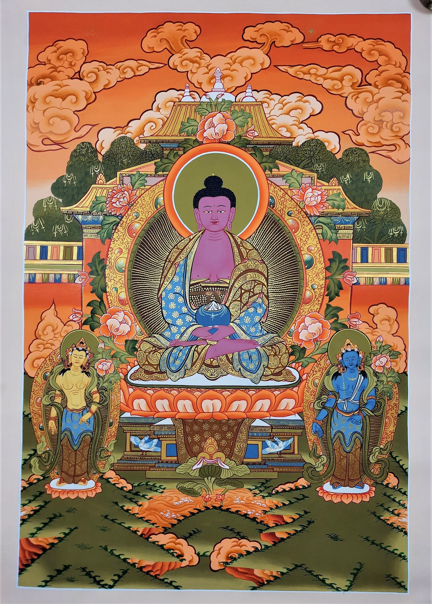 Original Hand Painted Amitabha Buddha WITH TWO BODHISATTVA Masterpiece Tibetan Compassion / Meditation Thangka / Thanka  Painting From Nepal