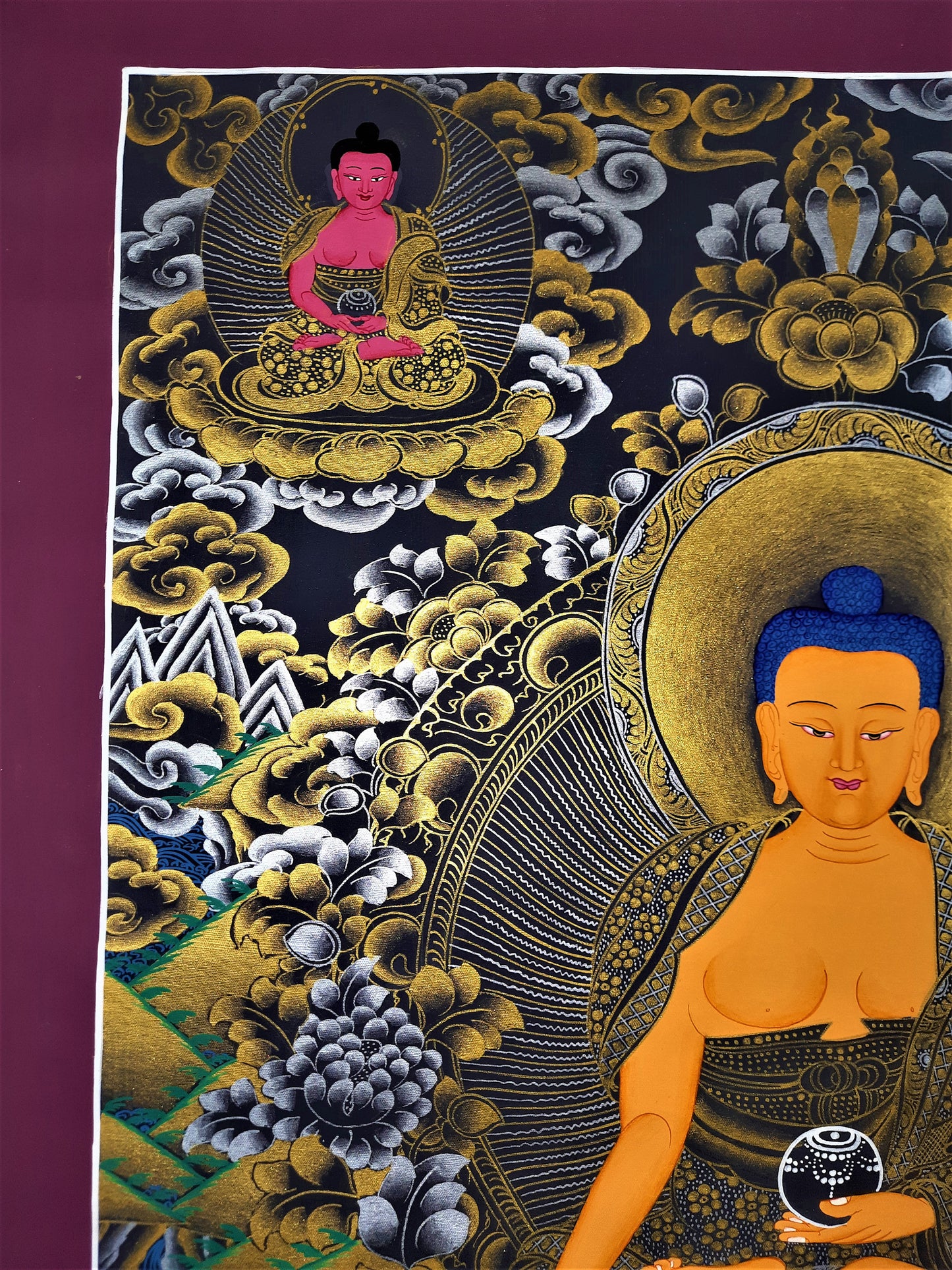 Original Hand Painted Shakyamuni Buddha  / Pancha Buddha / Five Dhyani Buddha  Tibetan Compassion / Meditation Thangka / Thanka Painting