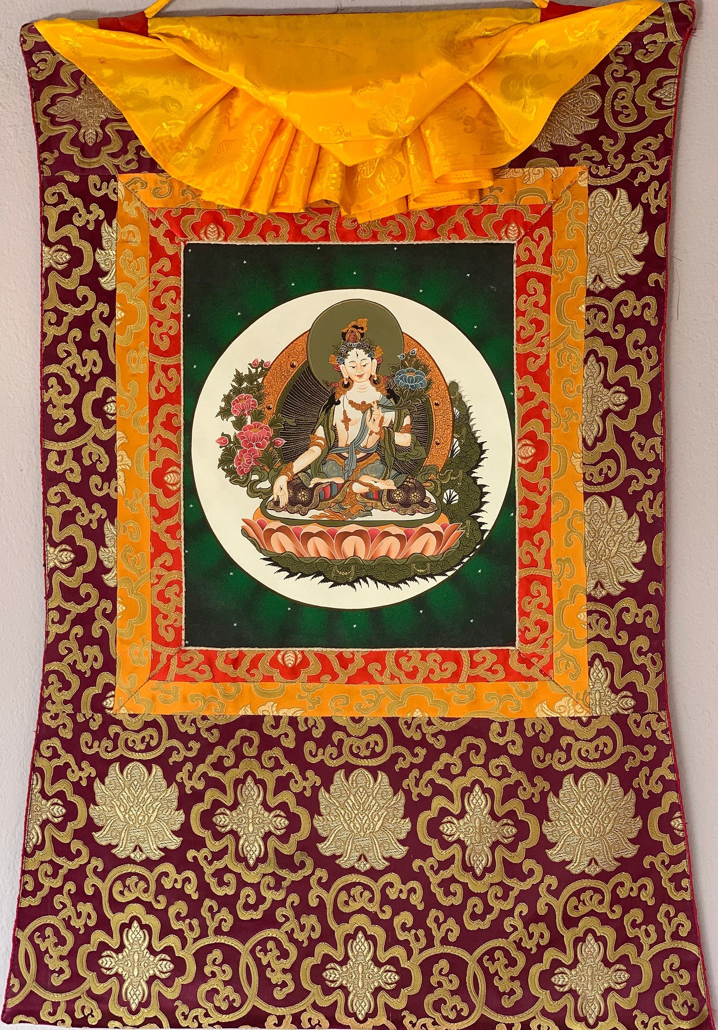 Hand-painted White Tara, Mother Goddess, Thangka, Art, Painting with Silk Brocade