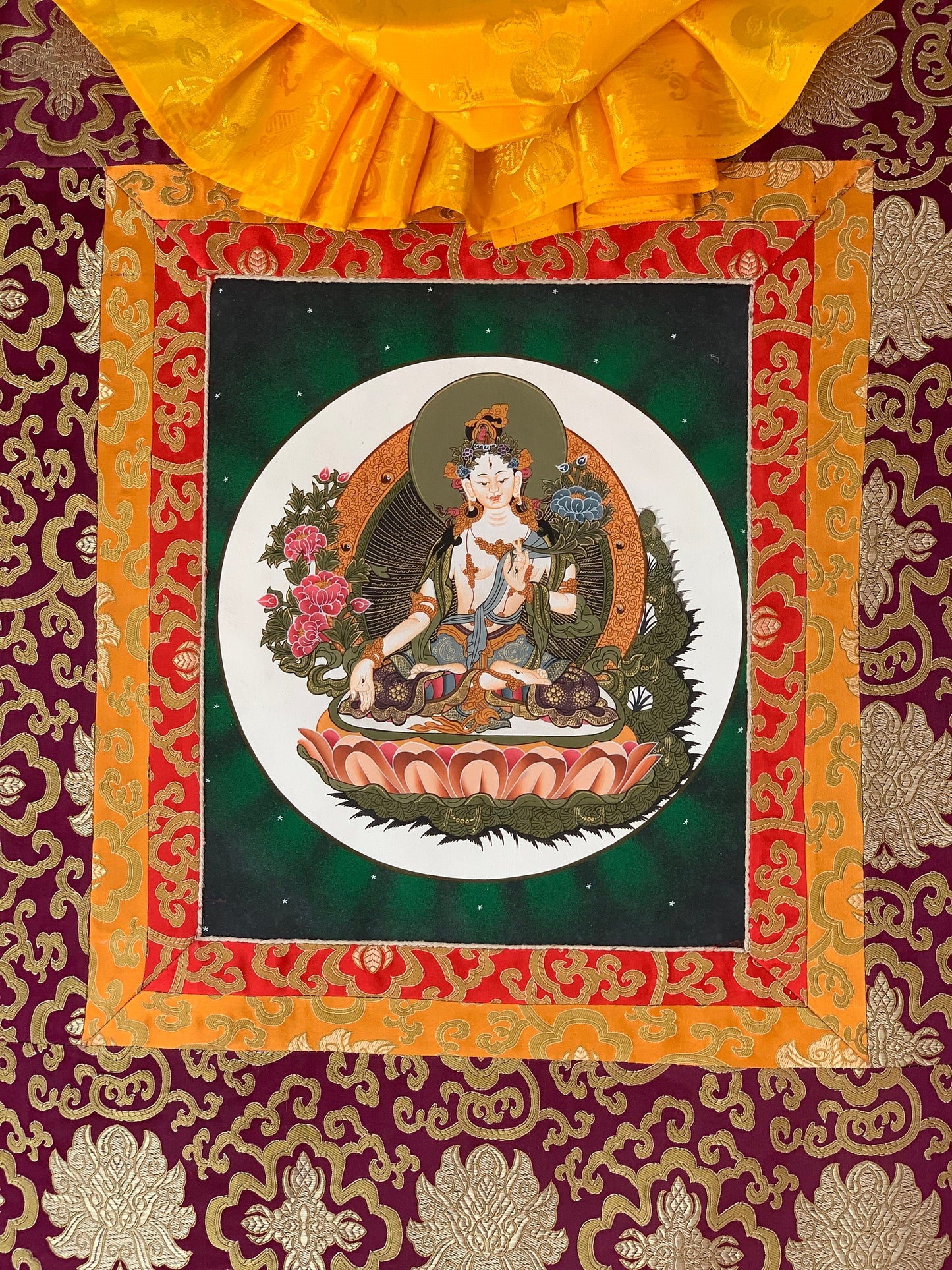 Hand-painted White Tara, Mother Goddess, Thangka, Art, Painting with Silk Brocade