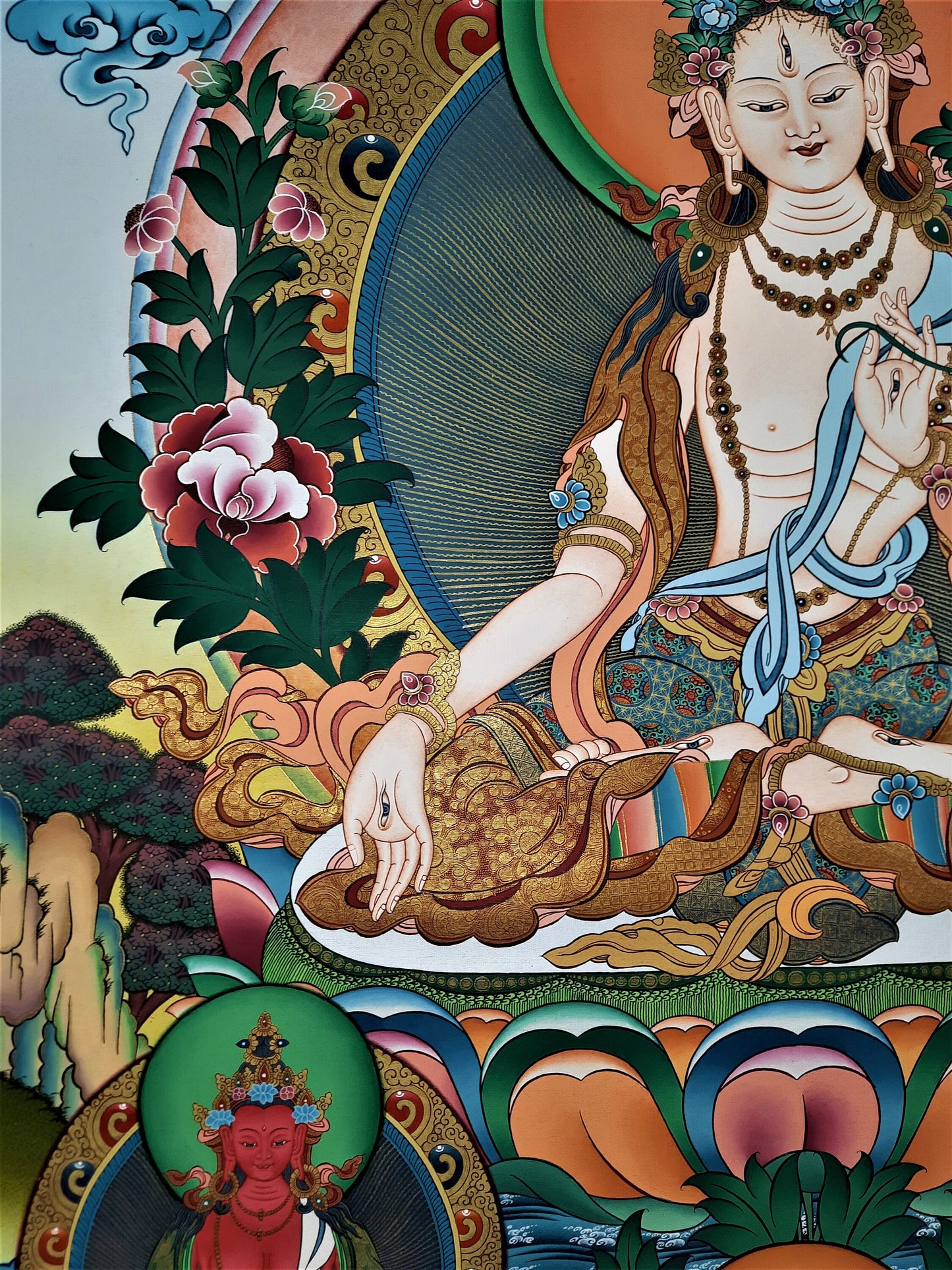 Hand-painted White Tara, Sitatara Masterpiece, 24 K Gold Thangka, 39" x 29" Inch