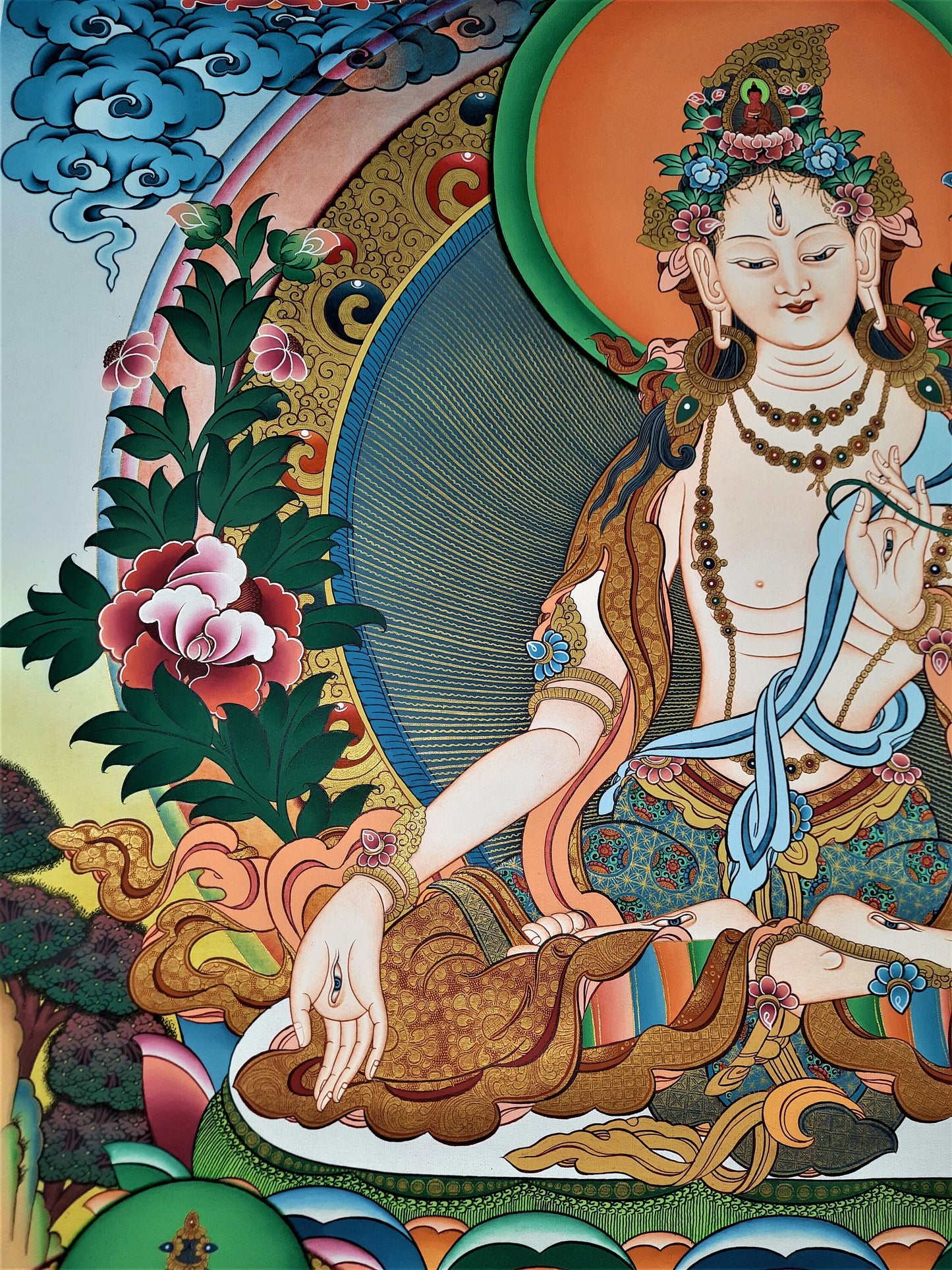 Hand-painted White Tara, Sitatara Masterpiece, 24 K Gold Thangka, 39" x 29" Inch