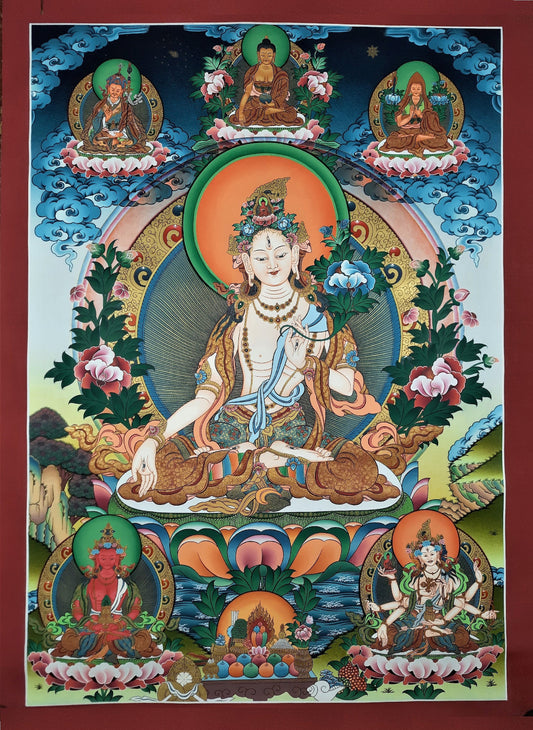 Hand-painted White Tara, Sitatara Masterpiece, 24 K Gold Thangka, 39" x 29" Inch