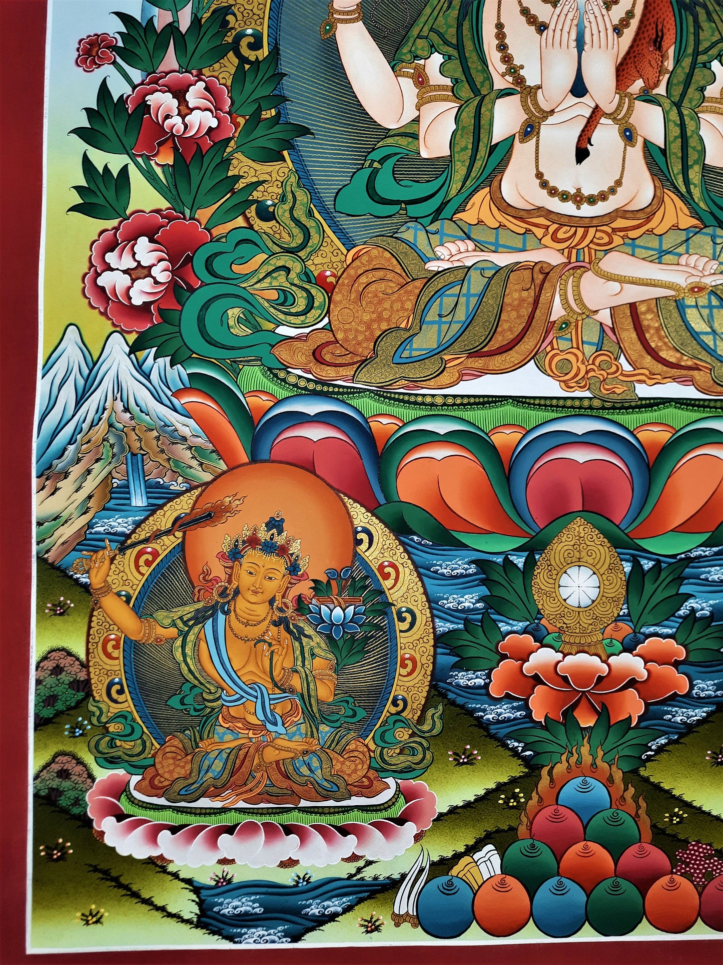 Original Hand Painted Large Chenrezig / Compassion Buddha Masterpiece 24k Gold Tibetan Wall hanging Thangka / Thanka  Painting From Nepal