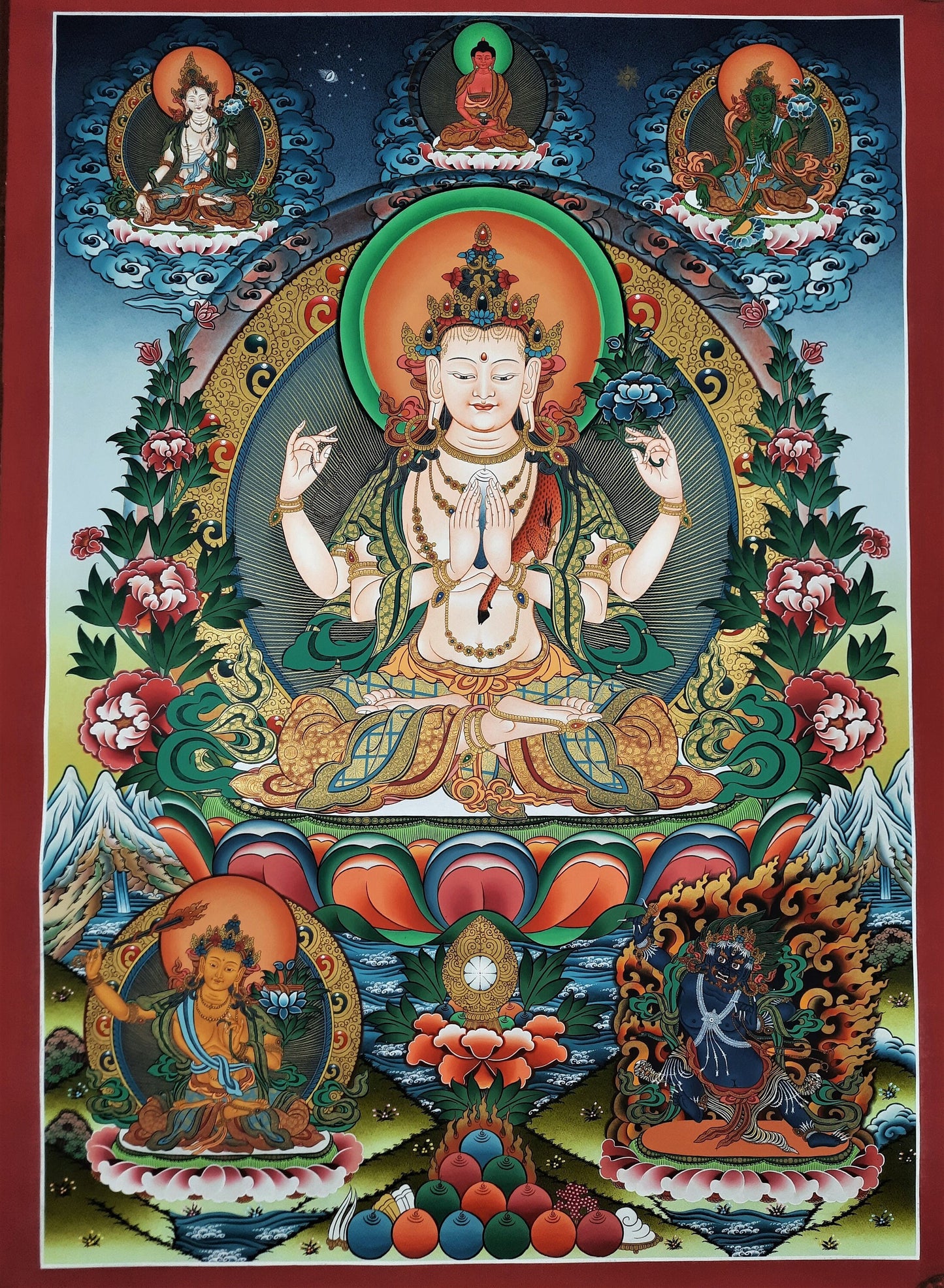 Original Hand Painted Large Chenrezig / Compassion Buddha Masterpiece 24k Gold Tibetan Wall hanging Thangka / Thanka  Painting From Nepal