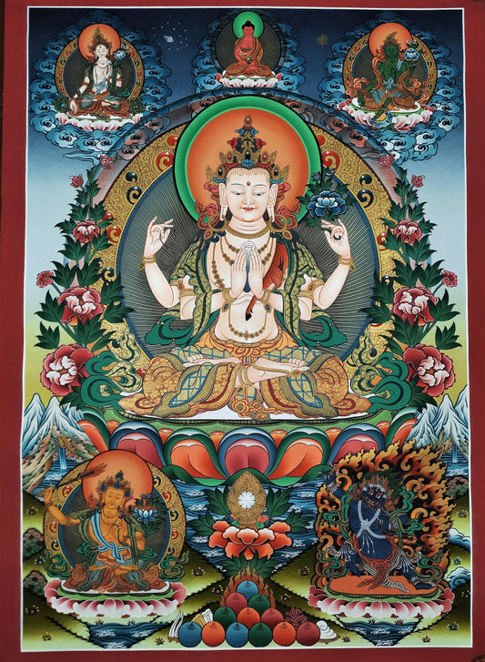 Original Hand Painted Large Chenrezig / Compassion Buddha Masterpiece 24k Gold Tibetan Wall hanging Thangka / Thanka  Painting From Nepal