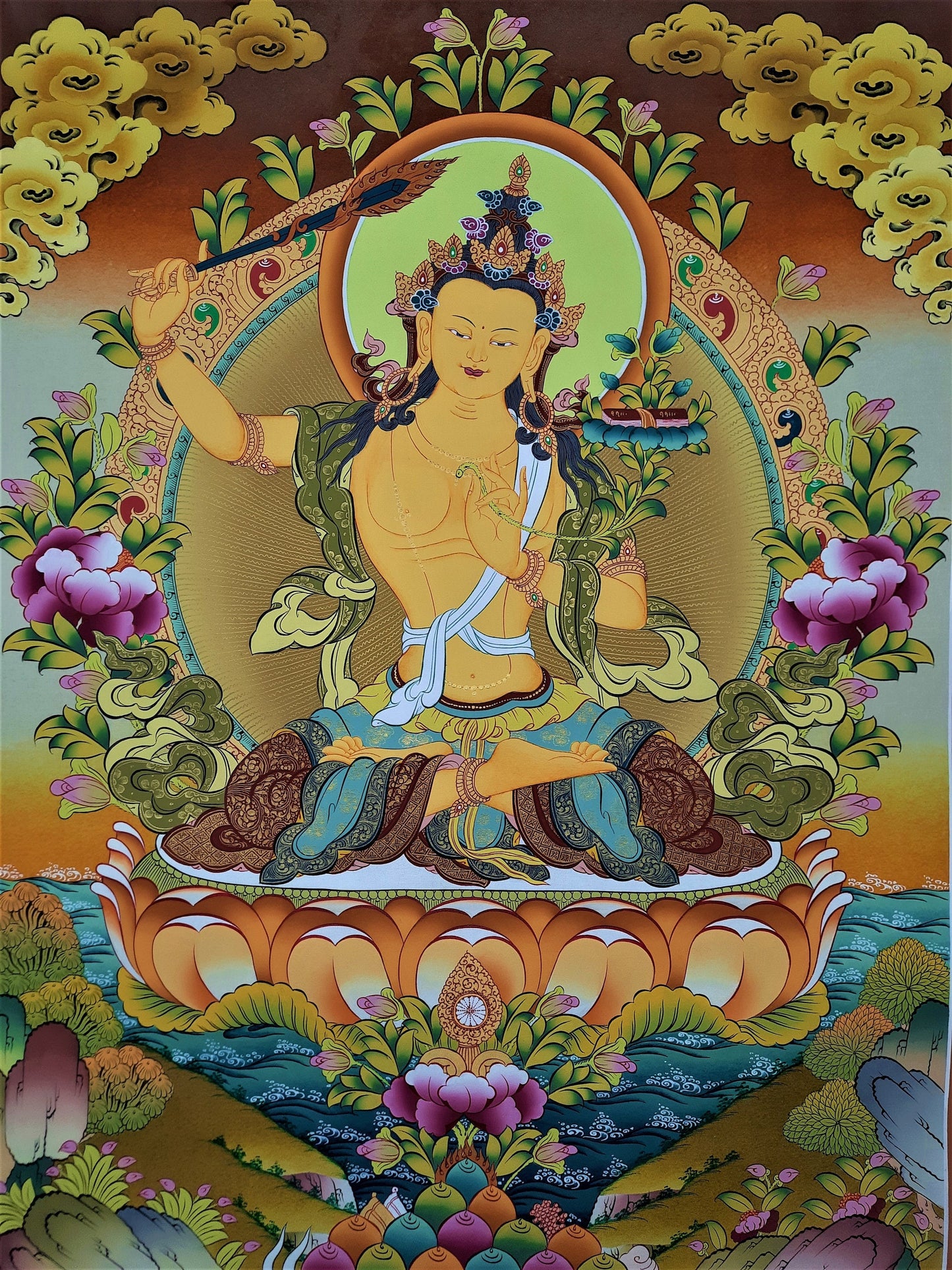 Hand painted Original Master Quality  Manjushree / Jampelyang/ God OF Wisdom  24k Gold Painting Tibetan Thanka  / Thangka From Nepal