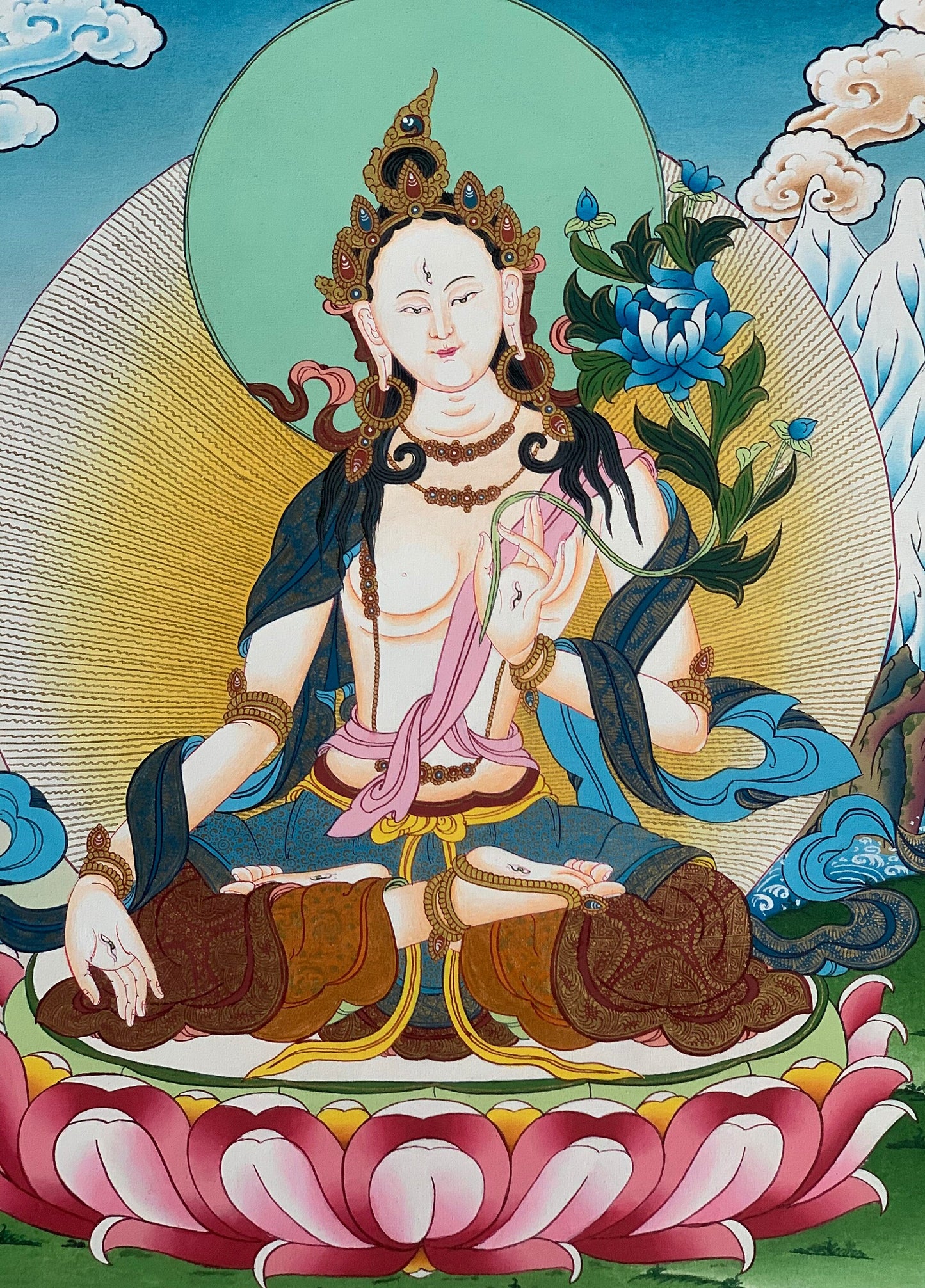 Original Hand-painted  White Tara / Mother Goddess, Masterpiece Tibetan Thangka  / Thanka / Paintinng, Compassion Meditation Art From Nepal