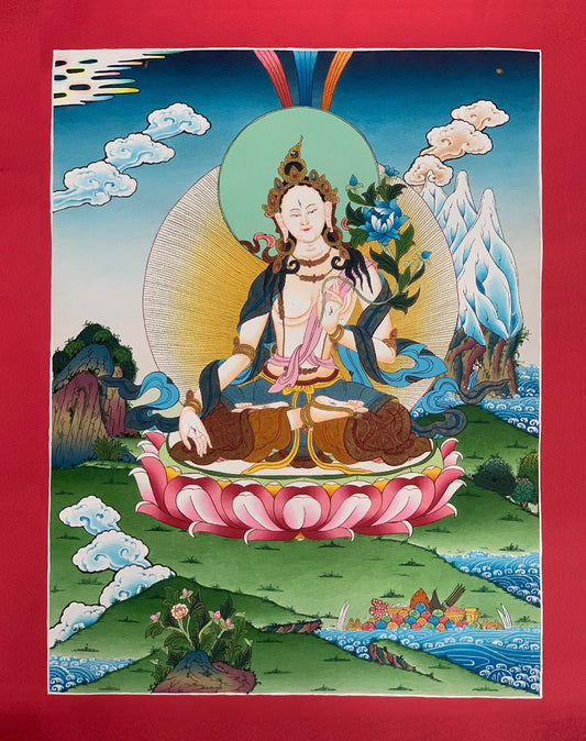 Original Hand-painted  White Tara / Mother Goddess, Masterpiece Tibetan Thangka  / Thanka / Paintinng, Compassion Meditation Art From Nepal