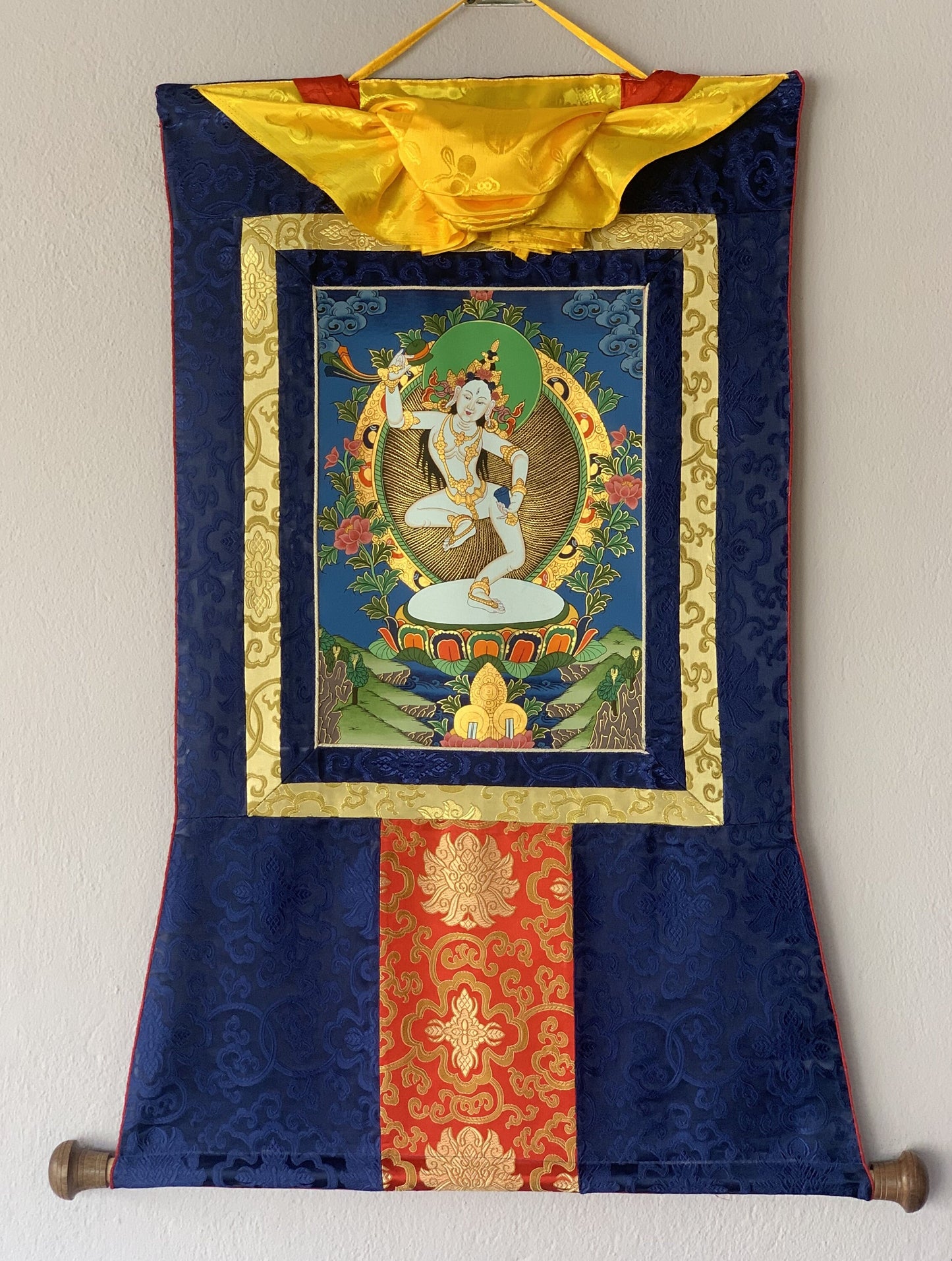 Hand-Painted, Machig Labdron, Tibetan Yogini, Original Thangka Painting, Buddhist Art, Home, Wall Décor  with Silk Brocade