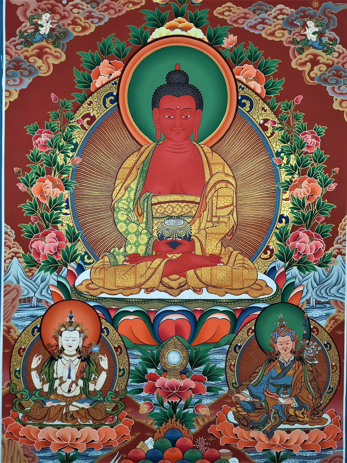 Hand-painted Amitabha Buddha, Original, Masterpiece, 24 K Gold, Tibetan Thangka,  28 x 39 Inch