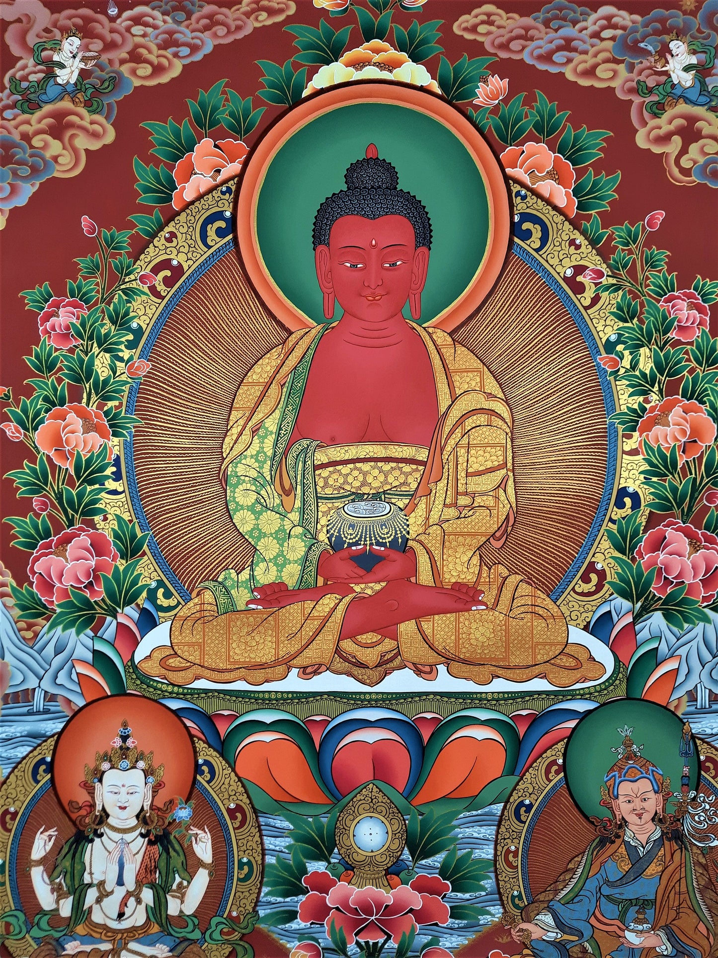 Hand-painted Amitabha Buddha, Original, Masterpiece, 24 K Gold, Tibetan Thangka,  28 x 39 Inch