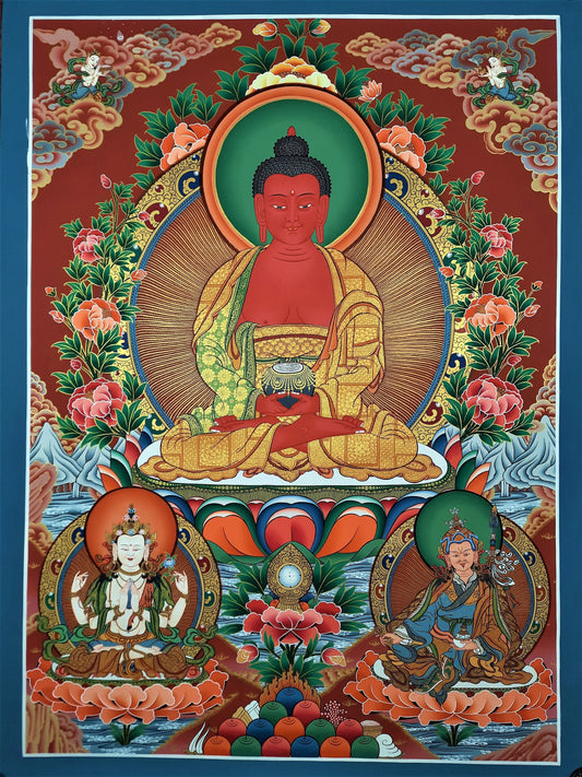 Hand-painted Amitabha Buddha, Original, Masterpiece, 24 K Gold, Tibetan Thangka,  28 x 39 Inch