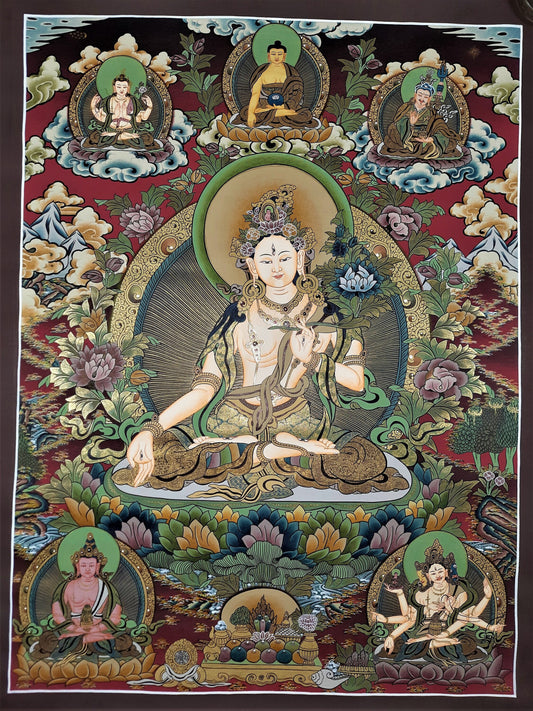 Hand-painted White Tara, Original, Masterpiece, 24 K Gold Thangka, 18 x 23-Inch