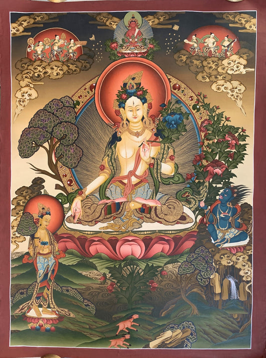 Original Hand Painted White Tara / Mother Tara Masterpiece 24 K Gold Tibetan Thangka / Thanka Painting/ Compassion Meditation Art From Nepal