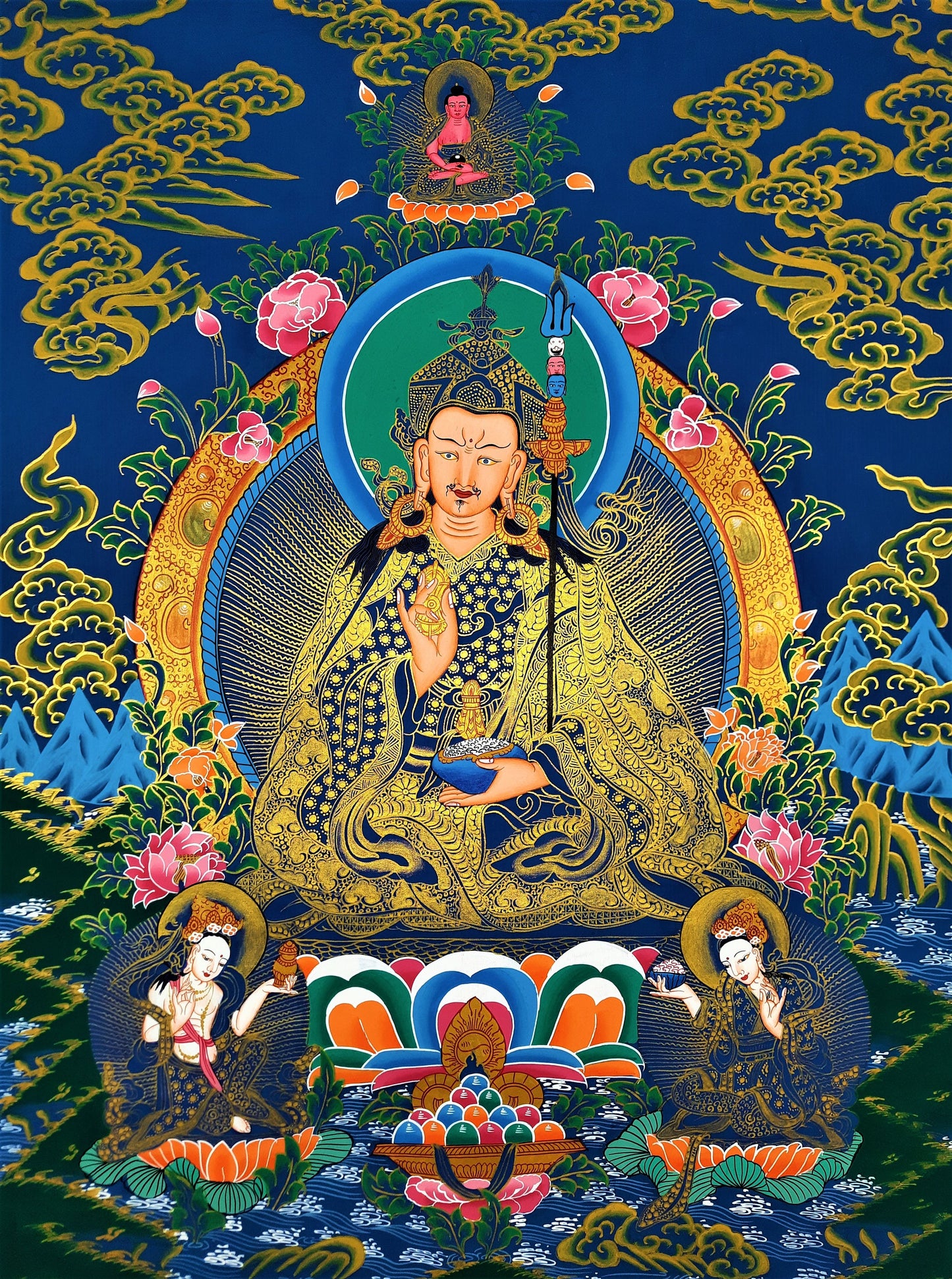 Guru Rinpoche/ Padmsambhava – Precious Master Thangka  Tibetan Wall Hanging Mediation Painting Thangka / Thanka Art From Nepal