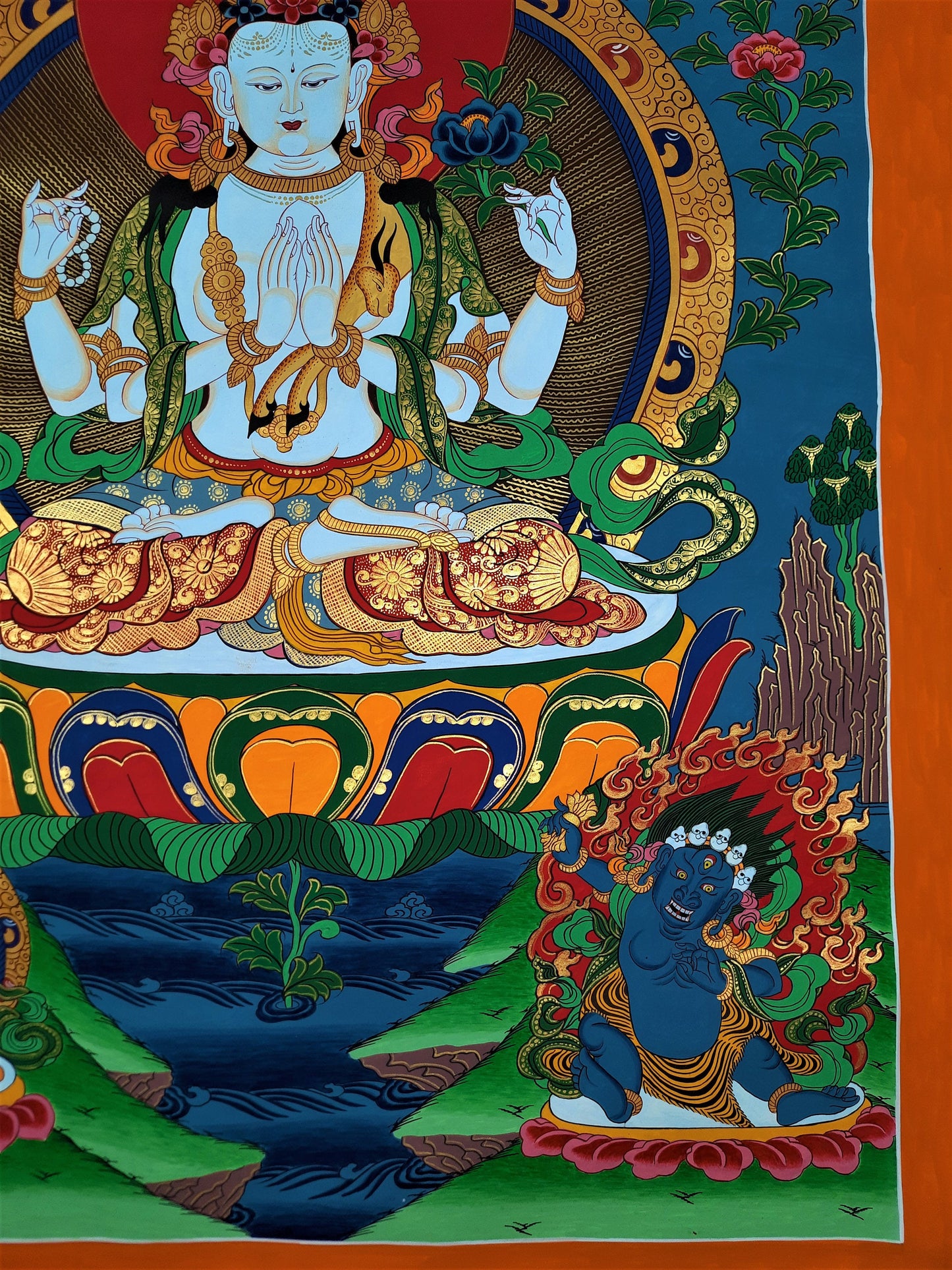 Four-Armed Avalokiteshvara, Chenrezig, Chyangresi, Master Quality, Original Thangka  Painting 20 x 29-Inch