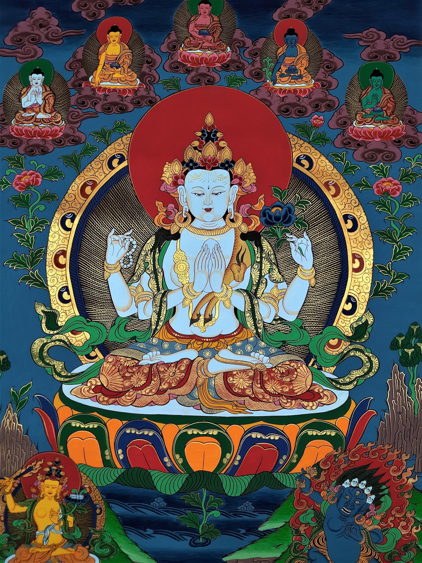 Four-Armed Avalokiteshvara, Chenrezig, Chyangresi, Master Quality, Original Thangka  Painting 20 x 29-Inch