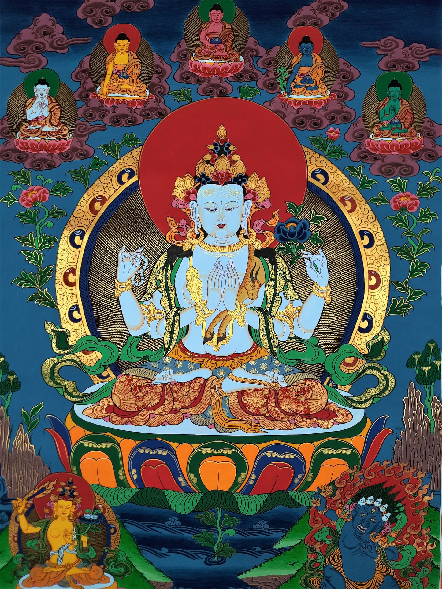 Four-Armed Avalokiteshvara, Chenrezig, Chyangresi, Master Quality, Original Thangka  Painting 20 x 29-Inch