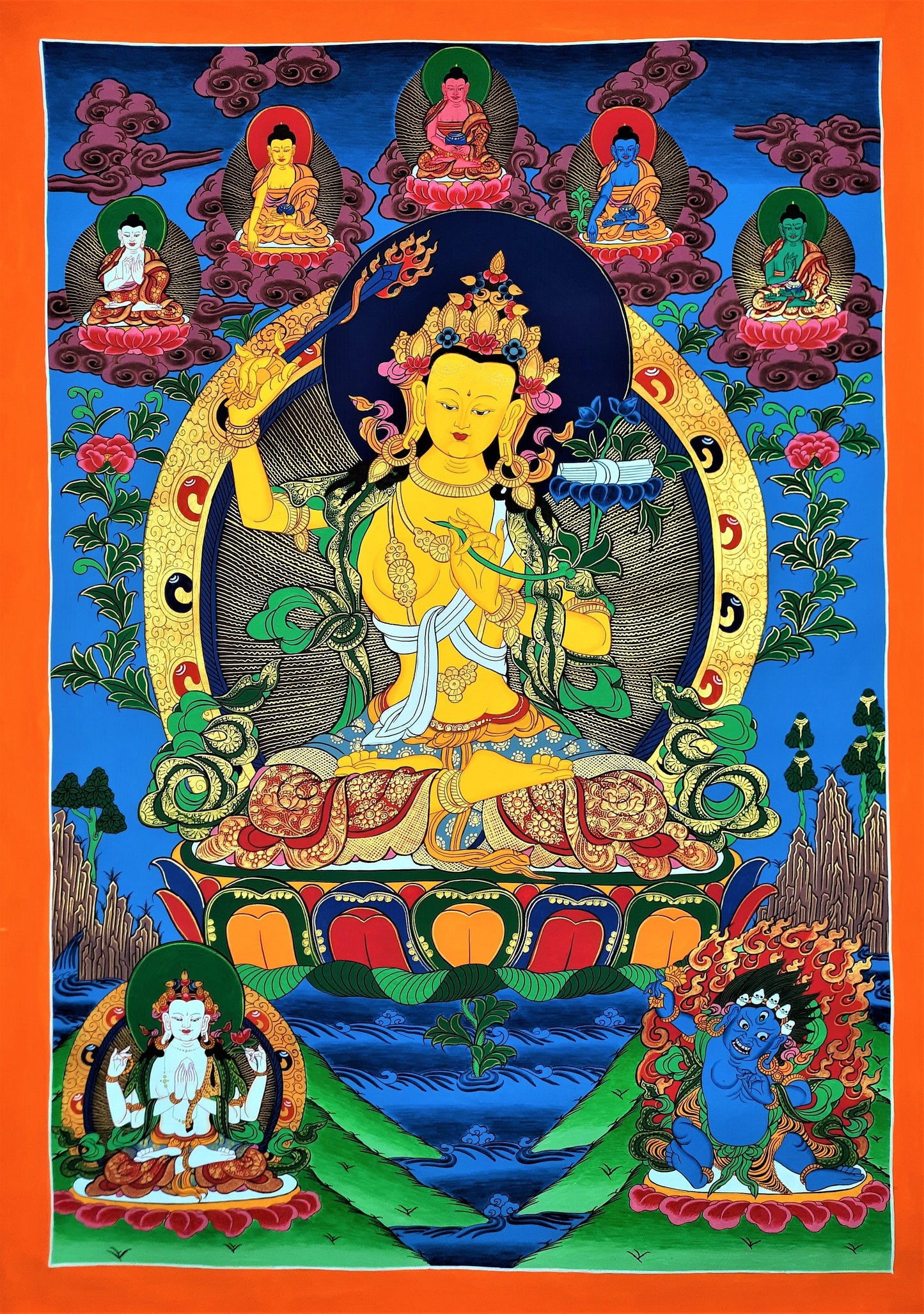 Hand-painted Original Master Quality  Manjushree / God Of Wisdom Tibetan Wall Hanging, Compassion Meditation Thanka  / Thangka Painting