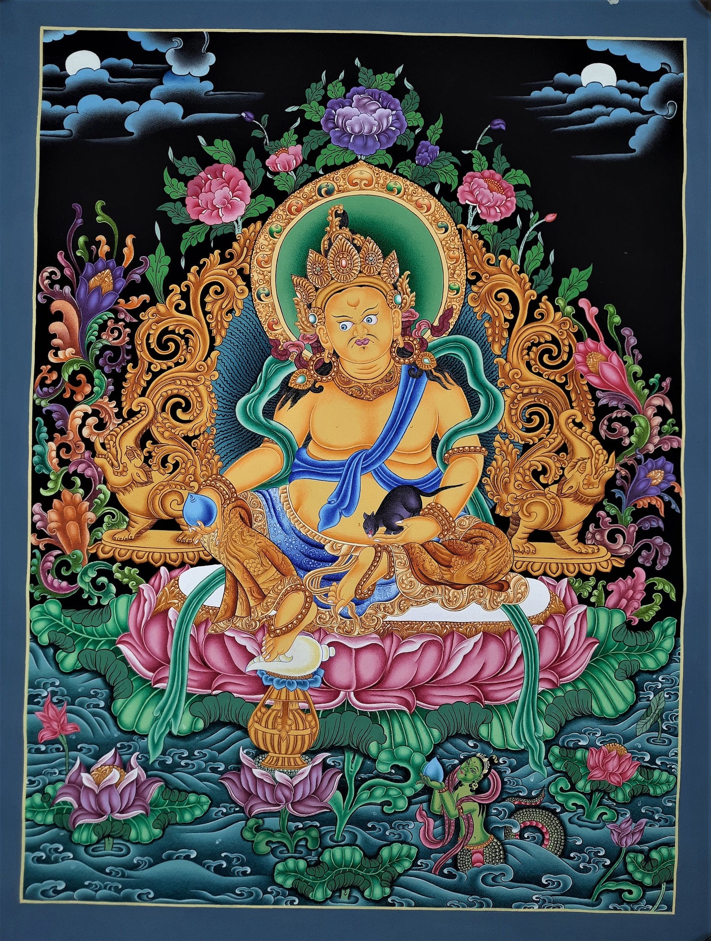 Hand-painted, Yellow Jambhala, Zambala, Zambhala, Kuber, God of Wealth, 24 K Gold, Masterpiece, Thangka Painting, 17 x 24-Inch