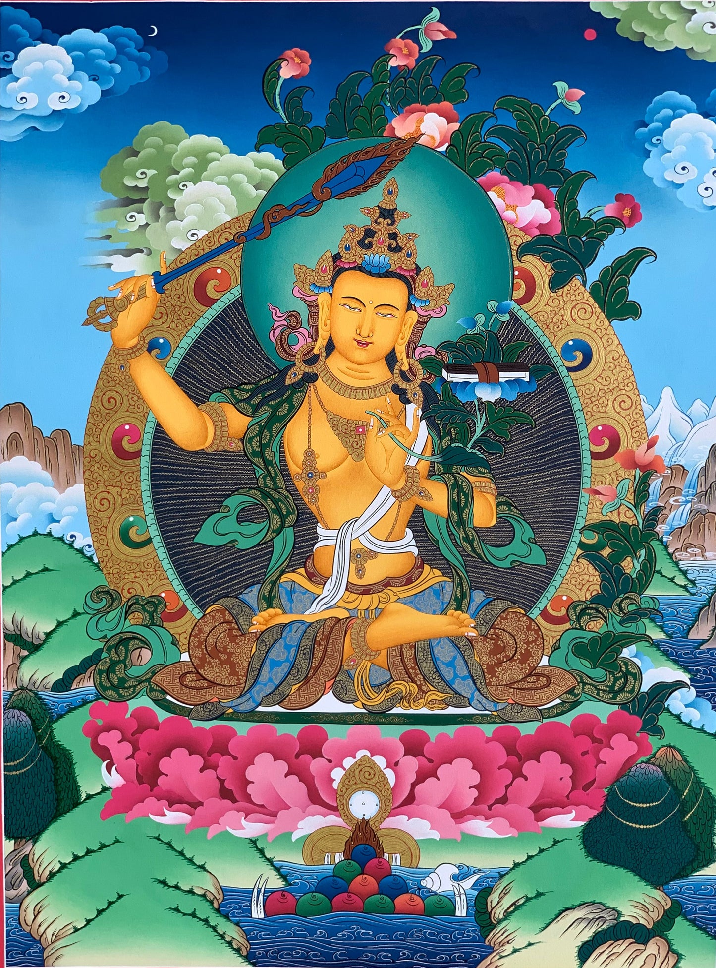 Manjusri/Manjushri/ Manjushree/ Jampelyang Bodhisattva of Wisdom 24 K Gold Original Hand-Painted  Masterpiece Tibetan Thangka Painting