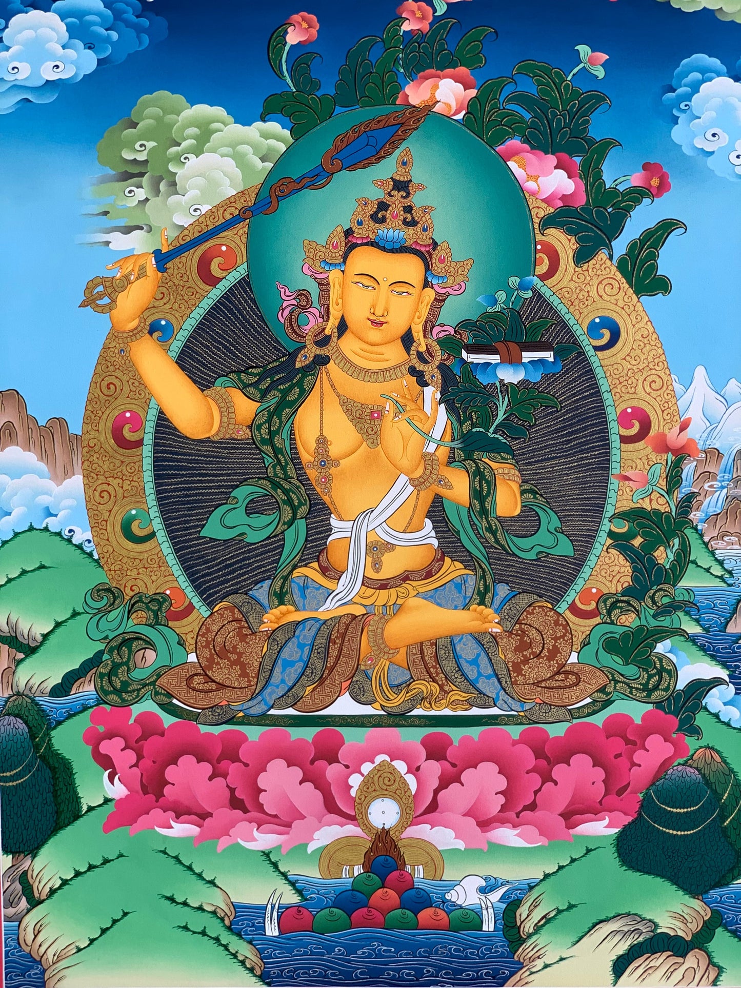 Manjusri/Manjushri/ Manjushree/ Jampelyang Bodhisattva of Wisdom 24 K Gold Original Hand-Painted  Masterpiece Tibetan Thangka Painting