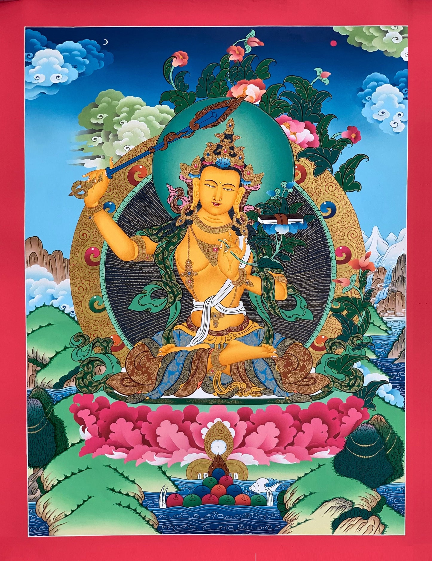 Manjusri/Manjushri/ Manjushree/ Jampelyang Bodhisattva of Wisdom 24 K Gold Original Hand-Painted  Masterpiece Tibetan Thangka Painting