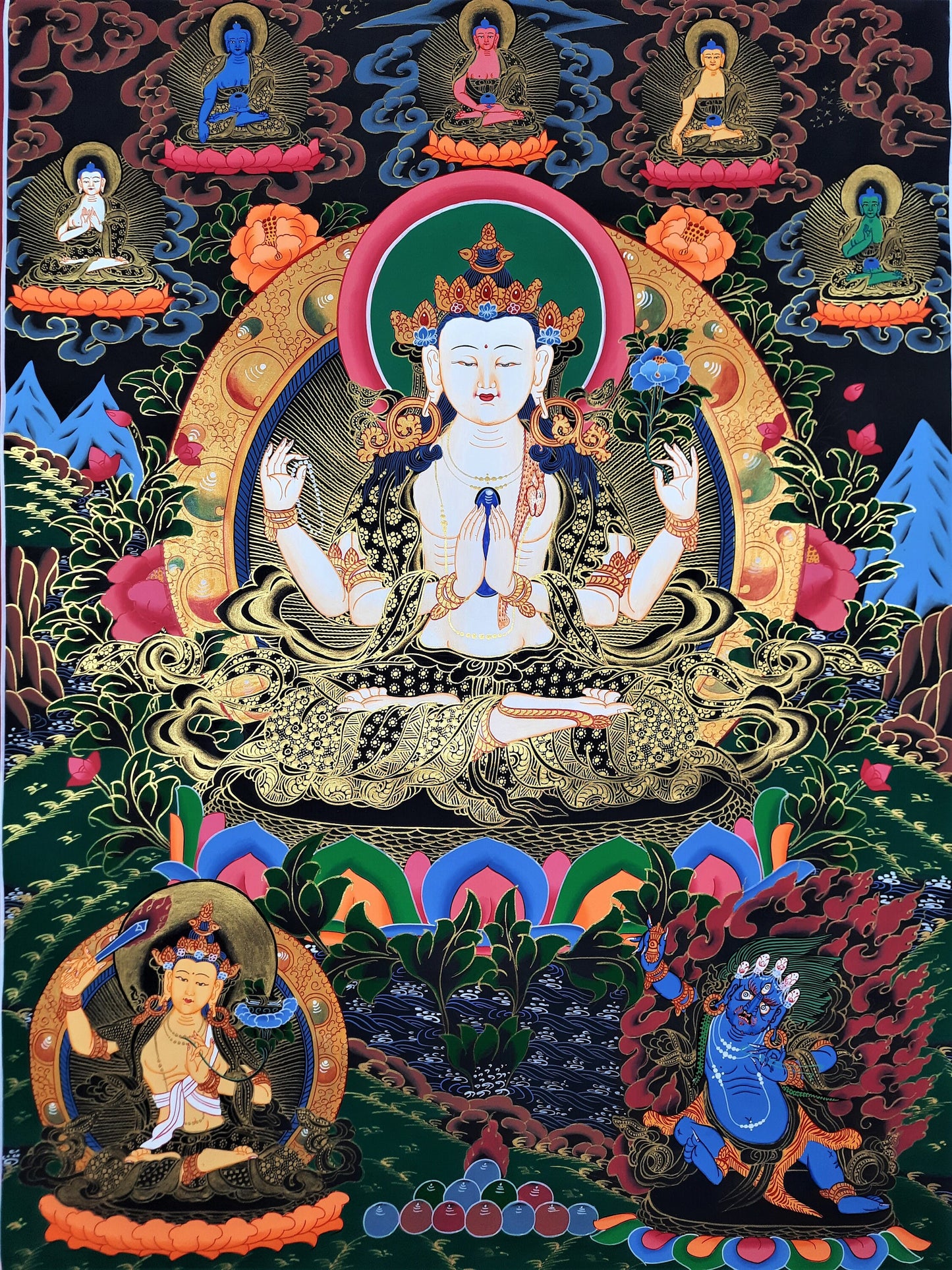 Original Hand Painted Chenrezig / Compassion Buddha Tibetan Compassion / Meditation Wall hanging Thangka / Thanka  Painting From Nepal