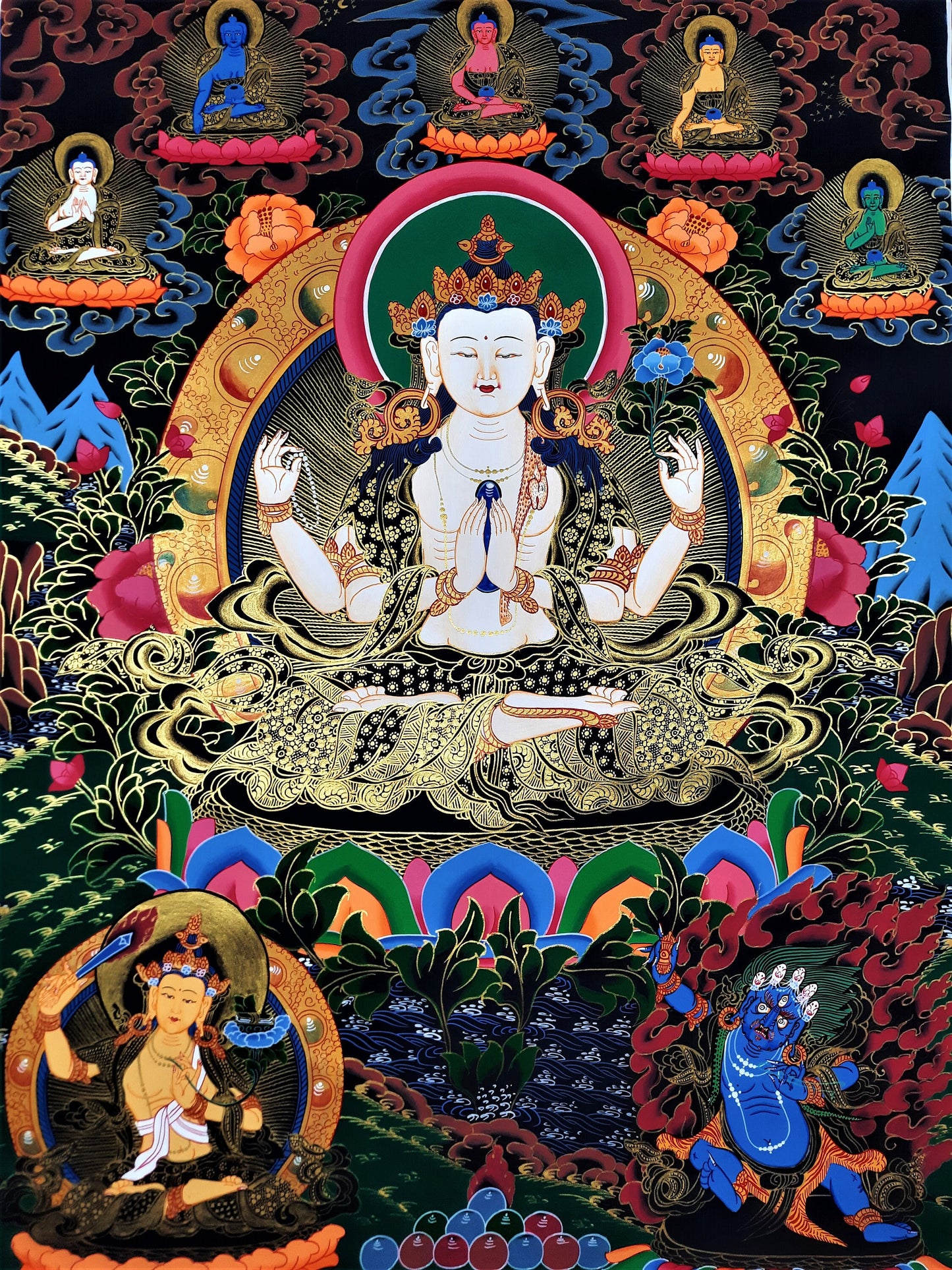 Original Hand Painted Chenrezig / Compassion Buddha Tibetan Compassion / Meditation Wall hanging Thangka / Thanka  Painting From Nepal