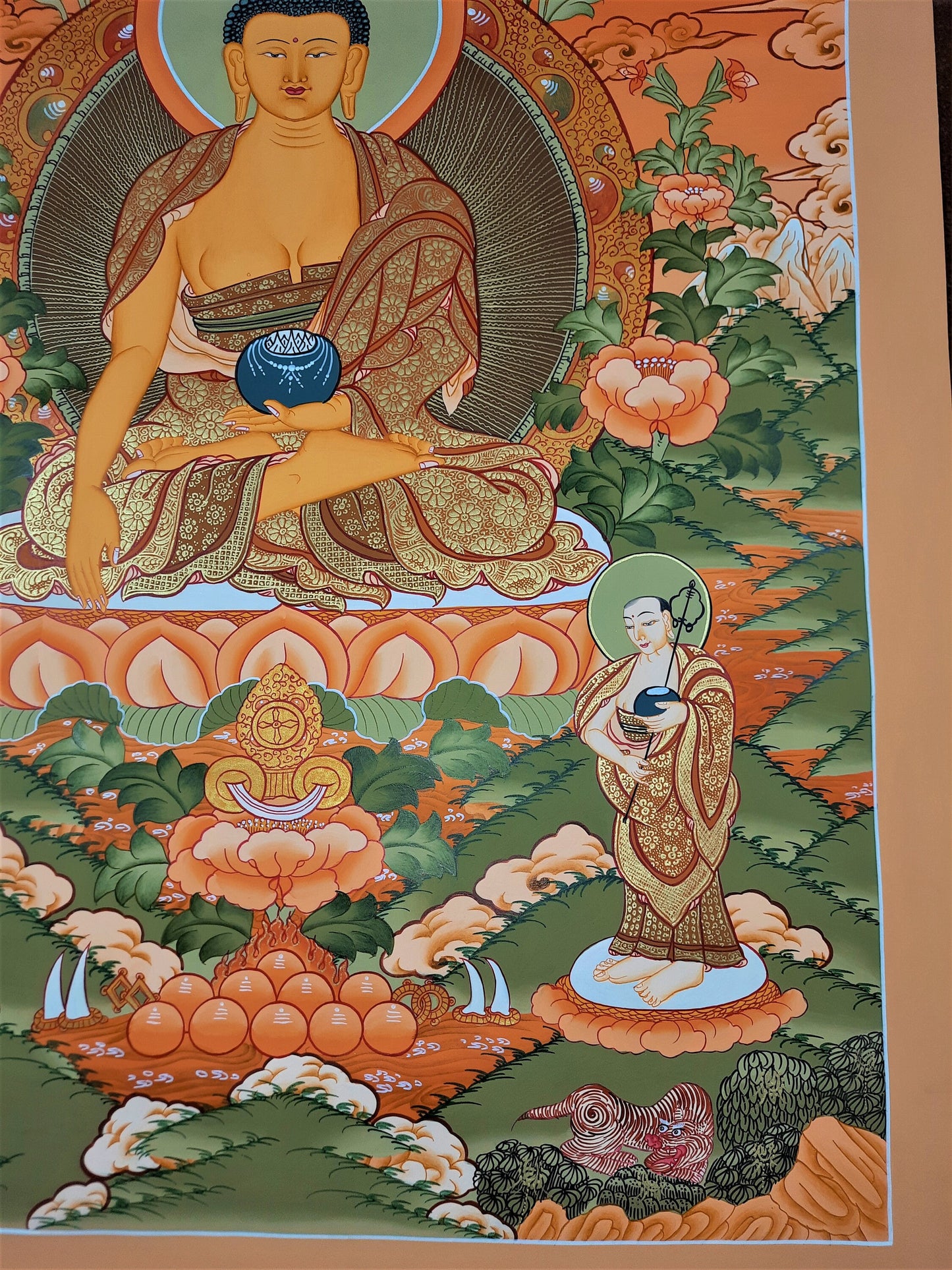 Original Hand Painted Shakyamuni Buddha / Gautama  With Two Disciples Fine Work  Tibetan Wall Hanging Painting Thangka / Thanka From Nepal