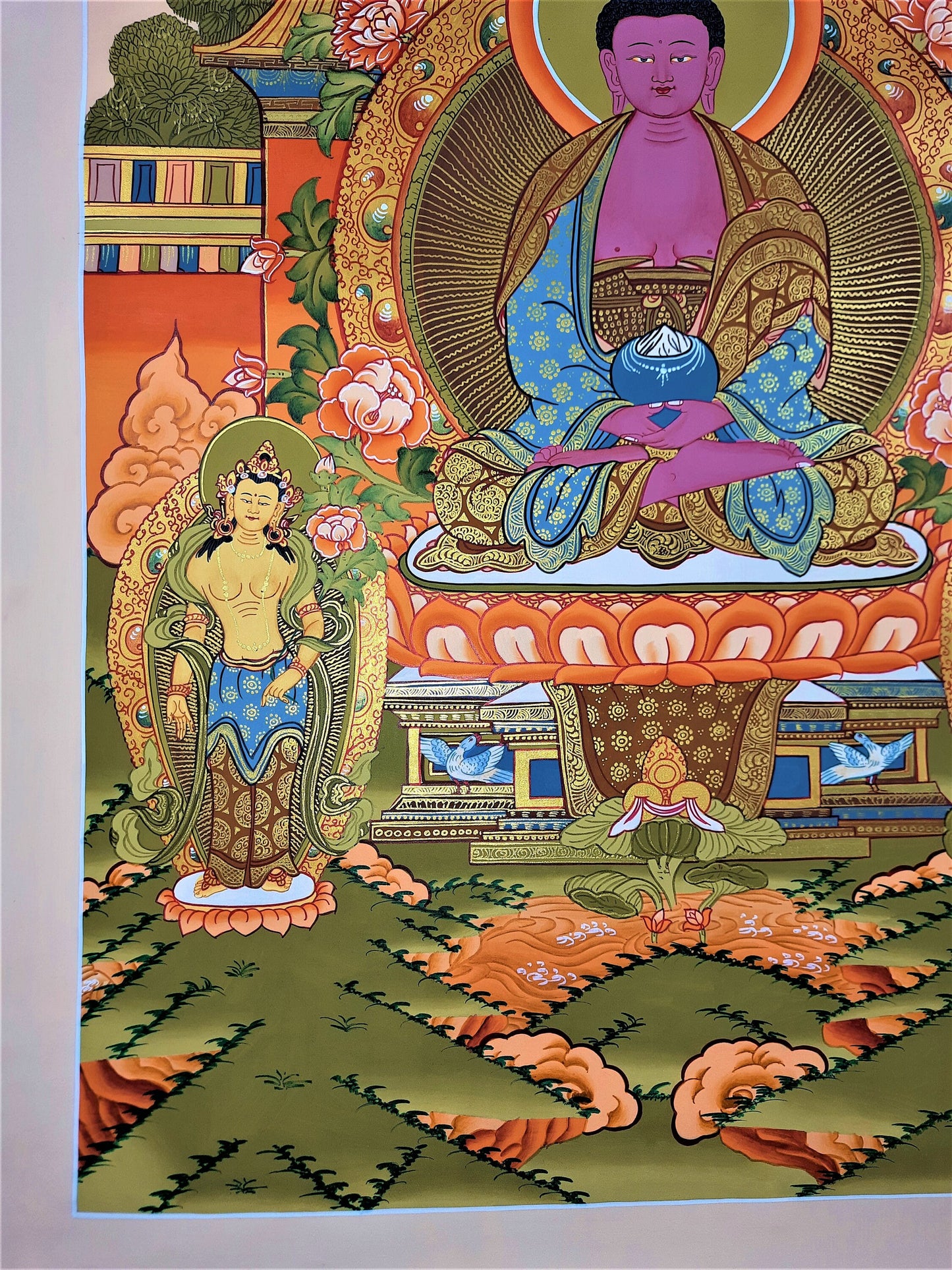 Original Hand Painted Amitabha Buddha WITH TWO BODHISATTVA Masterpiece Tibetan Compassion / Meditation Thangka / Thanka  Painting From Nepal