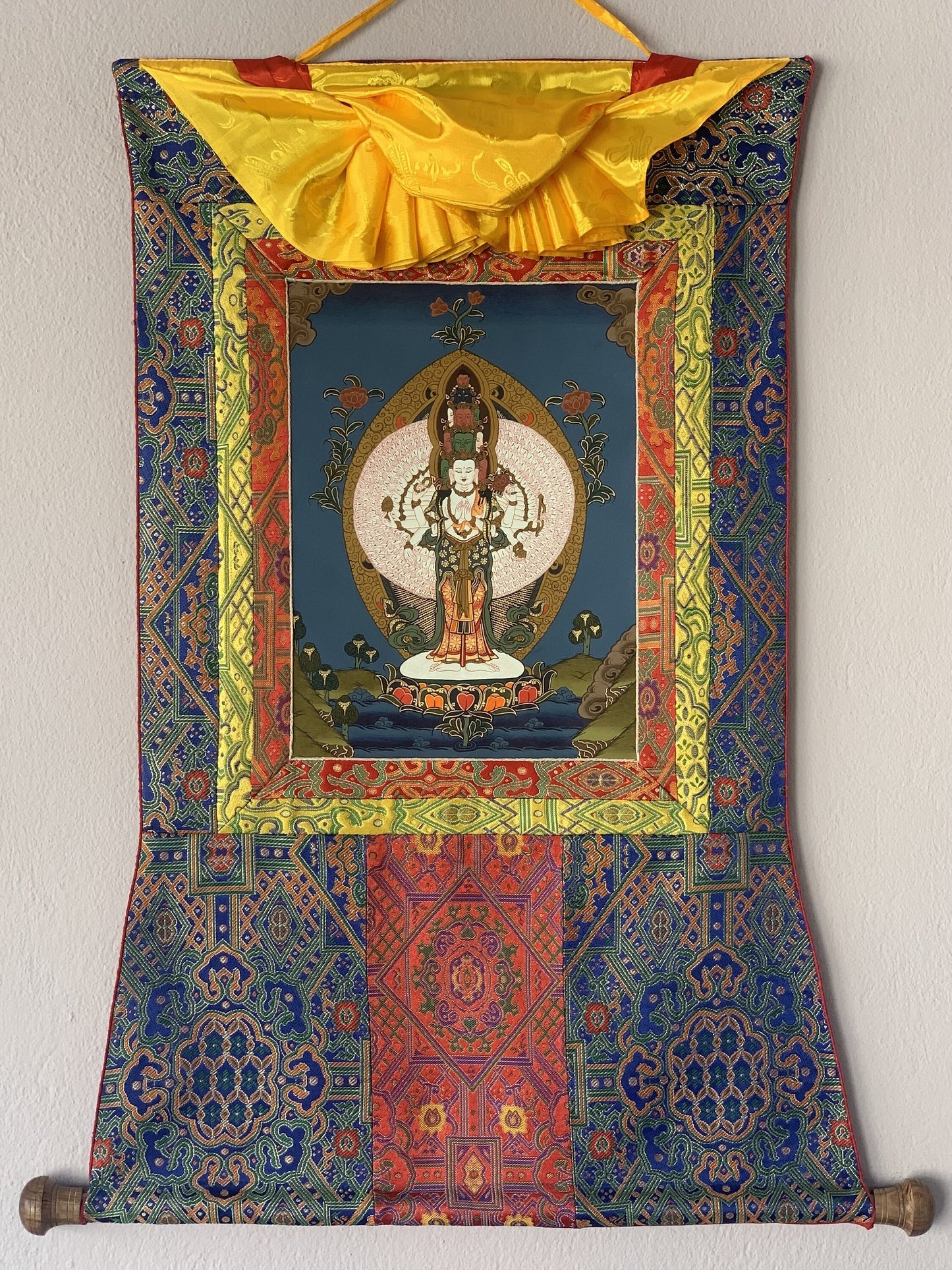 Hand-painted 1000 Armed Avalokiteshvara, Chenrezig, Original Tibetan Thangka Painting with Silk Brocade