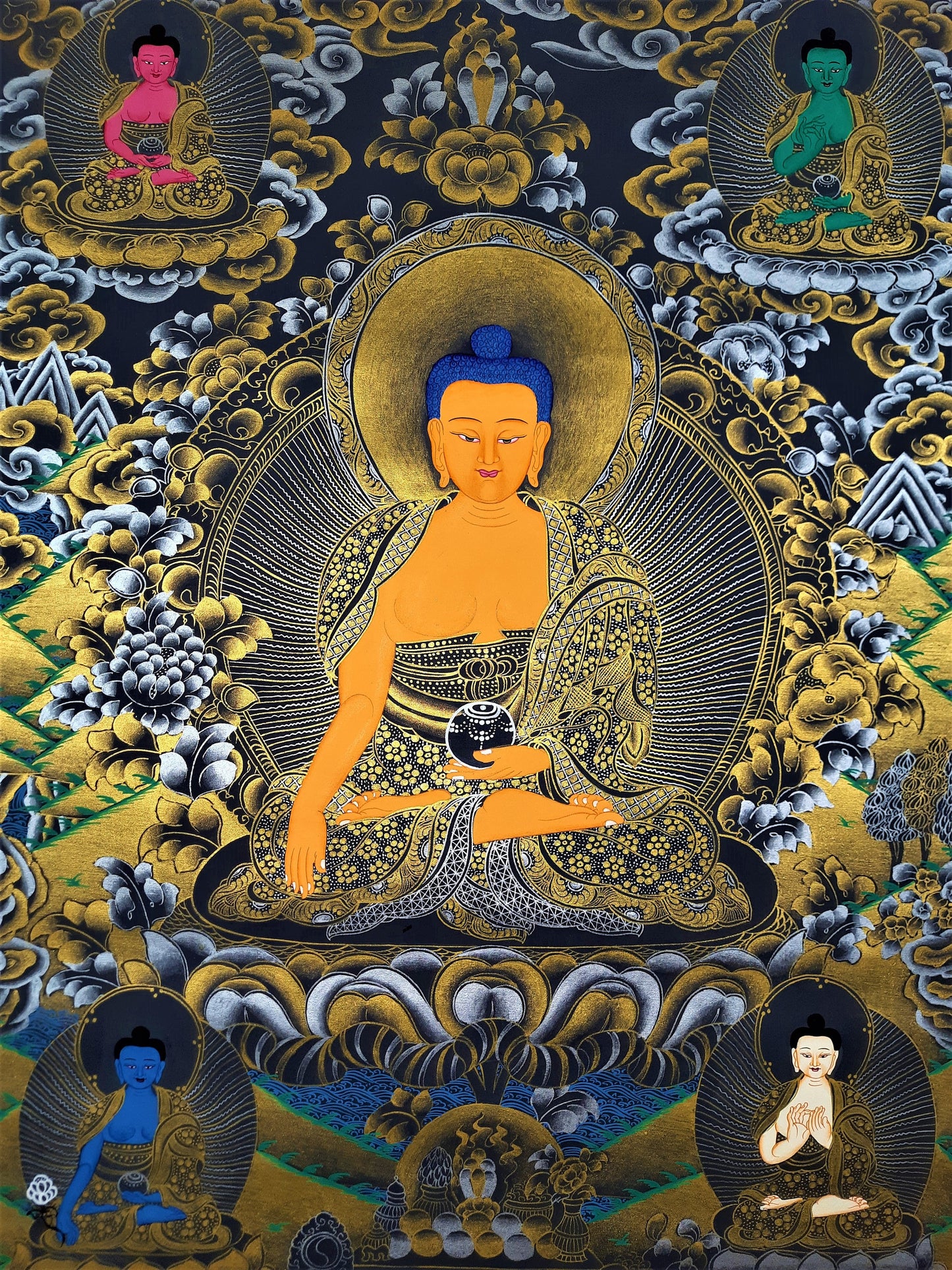 Original Hand Painted Shakyamuni Buddha  / Pancha Buddha / Five Dhyani Buddha  Tibetan Compassion / Meditation Thangka / Thanka Painting