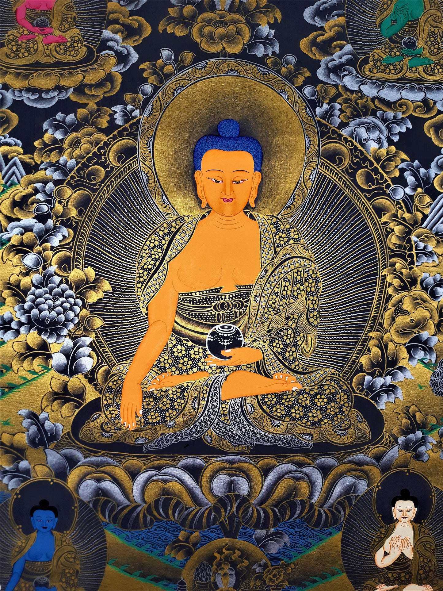 Original Hand Painted Shakyamuni Buddha  / Pancha Buddha / Five Dhyani Buddha  Tibetan Compassion / Meditation Thangka / Thanka Painting