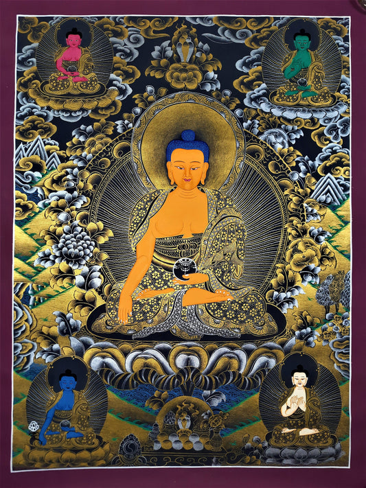 Original Hand Painted Shakyamuni Buddha  / Pancha Buddha / Five Dhyani Buddha  Tibetan Compassion / Meditation Thangka / Thanka Painting