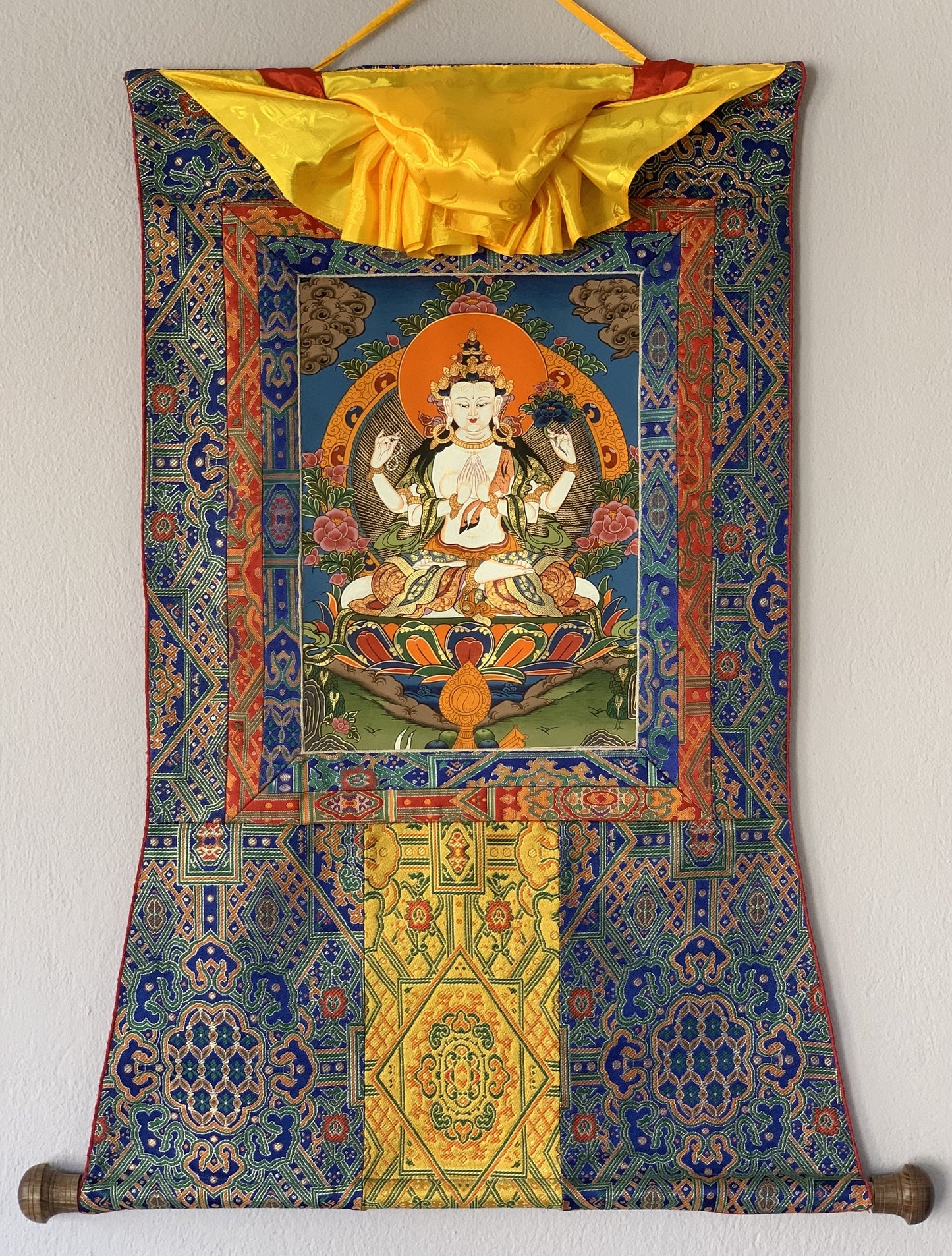 Hand-painted  4 Armed Chyangresi, Chengrezig, Avalokitesvara Original Tibetan Thangka Painting with Silk Brocade