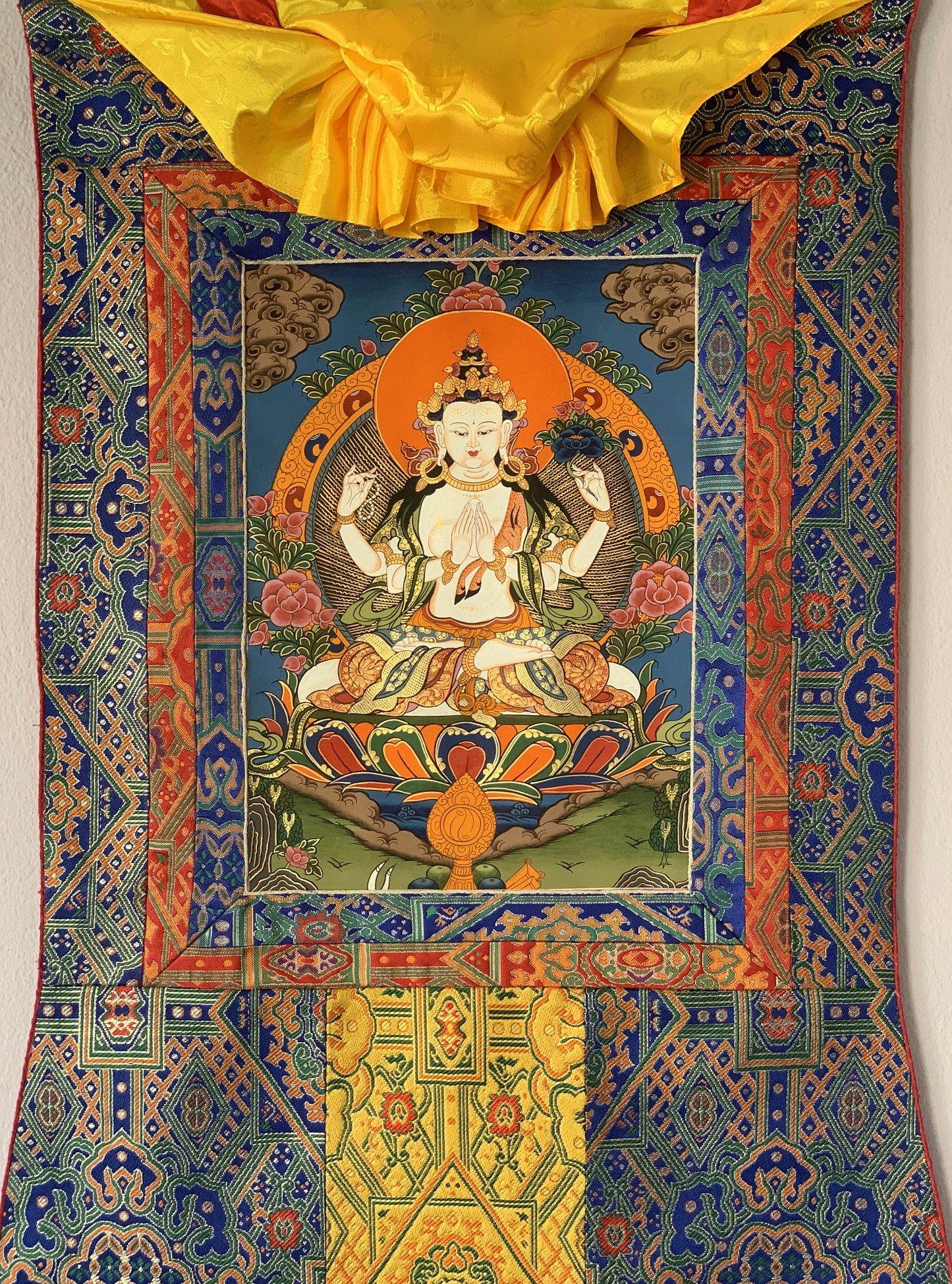 Hand-painted  4 Armed Chyangresi, Chengrezig, Avalokitesvara Original Tibetan Thangka Painting with Silk Brocade