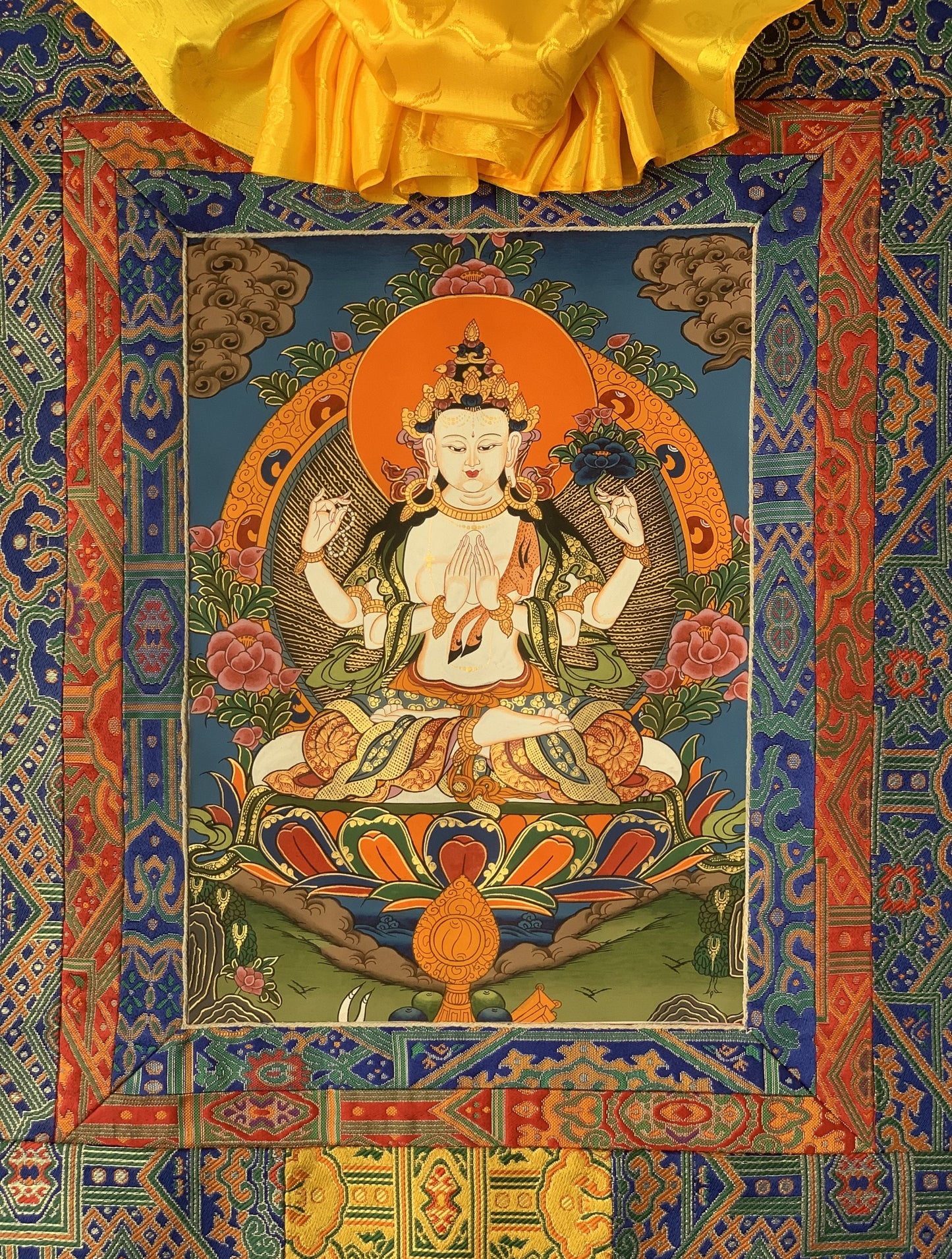 Hand-painted  4 Armed Chyangresi, Chengrezig, Avalokitesvara Original Tibetan Thangka Painting with Silk Brocade