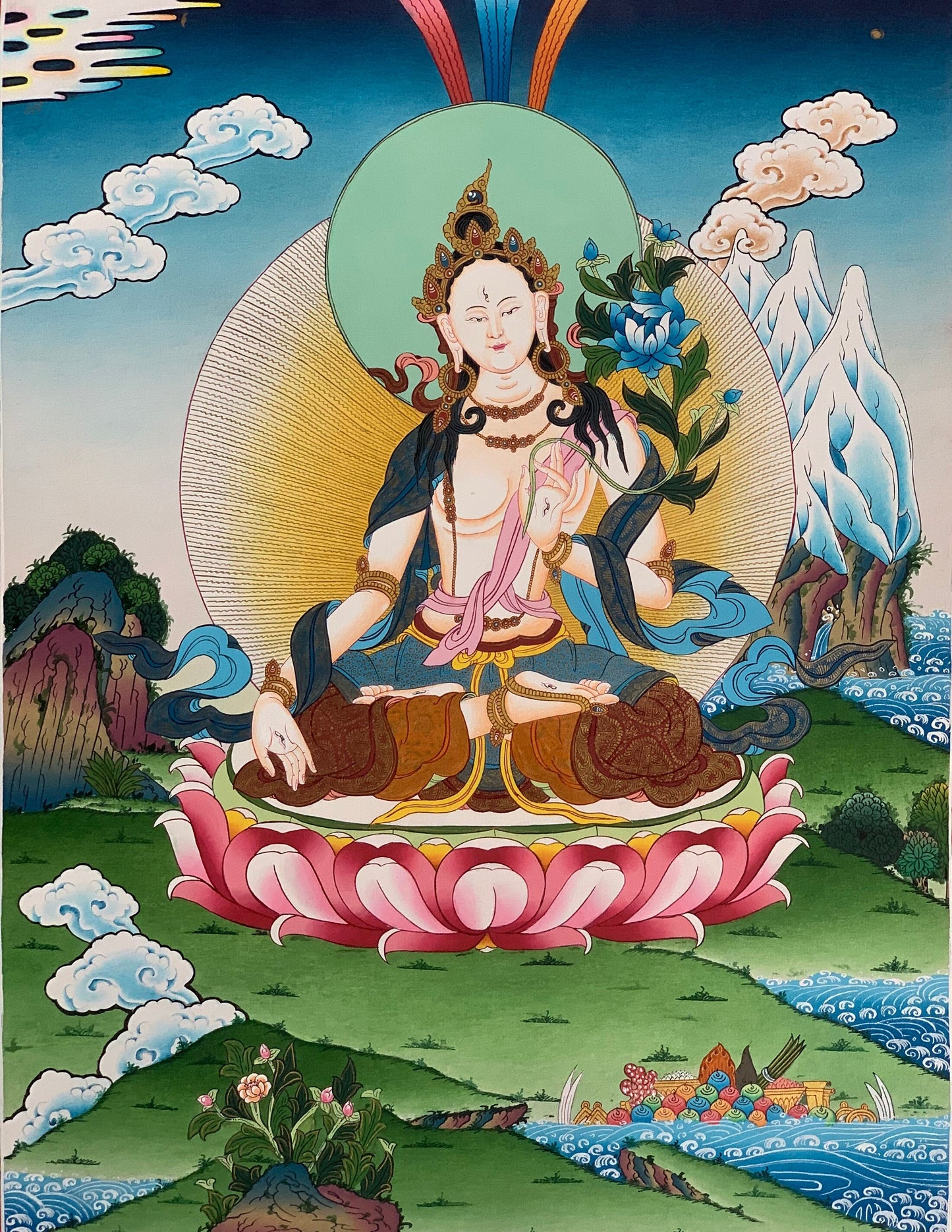 Original Hand-painted  White Tara / Mother Goddess, Masterpiece Tibetan Thangka  / Thanka / Paintinng, Compassion Meditation Art From Nepal