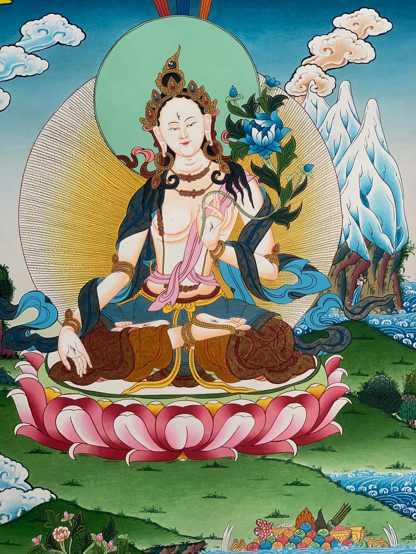 Original Hand-painted  White Tara / Mother Goddess, Masterpiece Tibetan Thangka  / Thanka / Paintinng, Compassion Meditation Art From Nepal