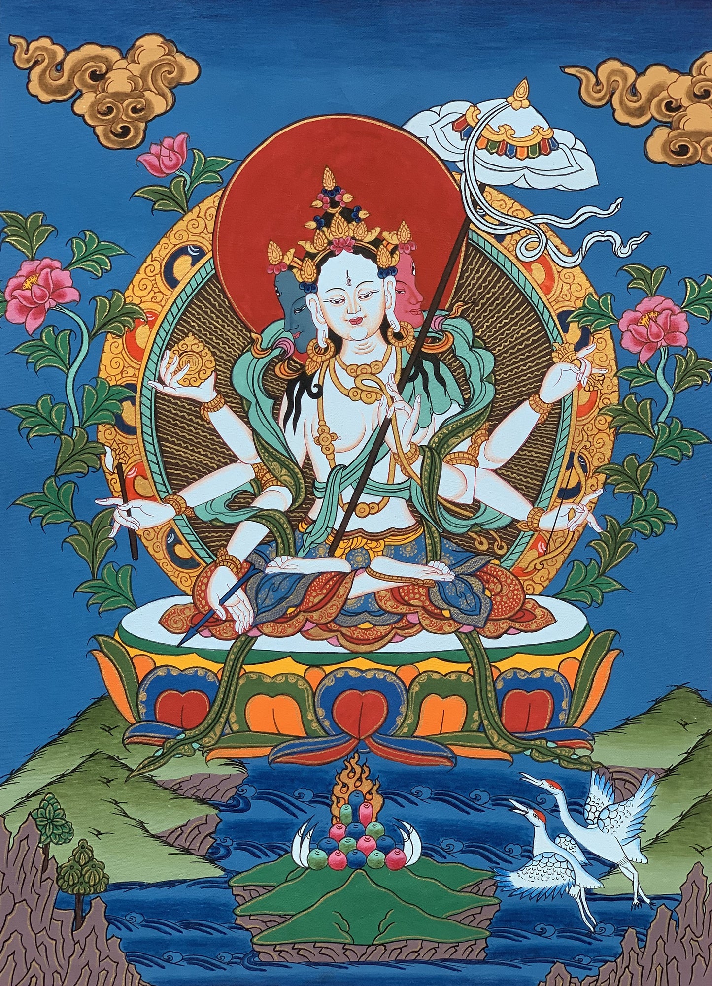 Hand-painted  Sitatapatra, Dukar, Dhukar, Lady of the White Umbrella, Original Tibetan Thangka Painting/Wall Hanging