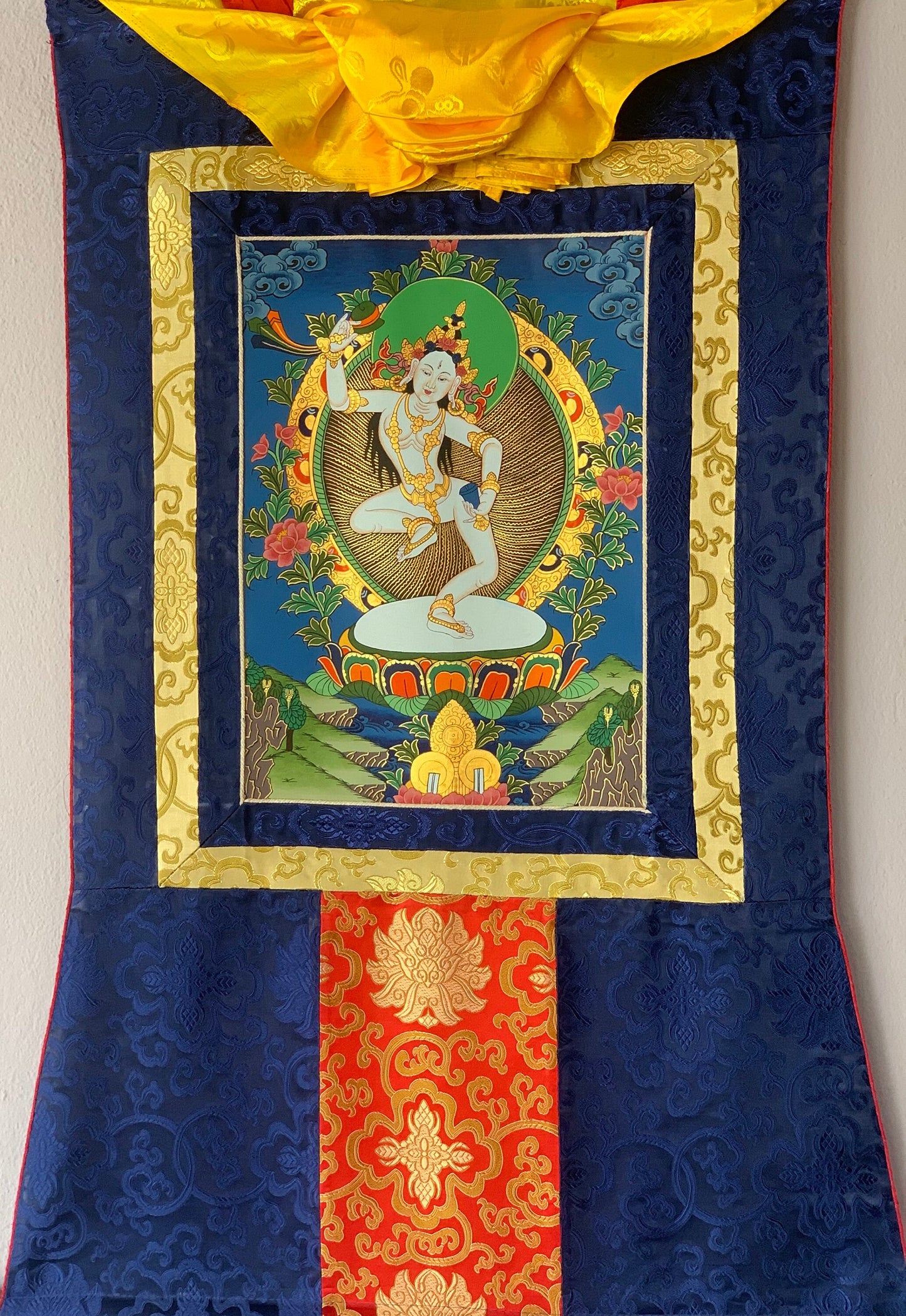 Hand-Painted, Machig Labdron, Tibetan Yogini, Original Thangka Painting, Buddhist Art, Home, Wall Décor  with Silk Brocade