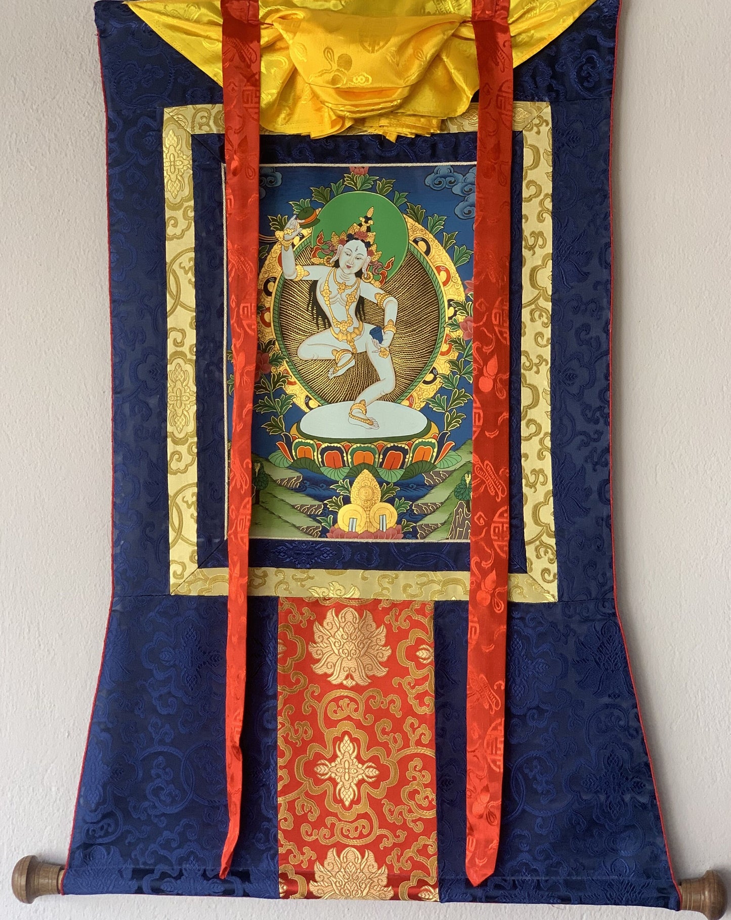 Hand-Painted, Machig Labdron, Tibetan Yogini, Original Thangka Painting, Buddhist Art, Home, Wall Décor  with Silk Brocade