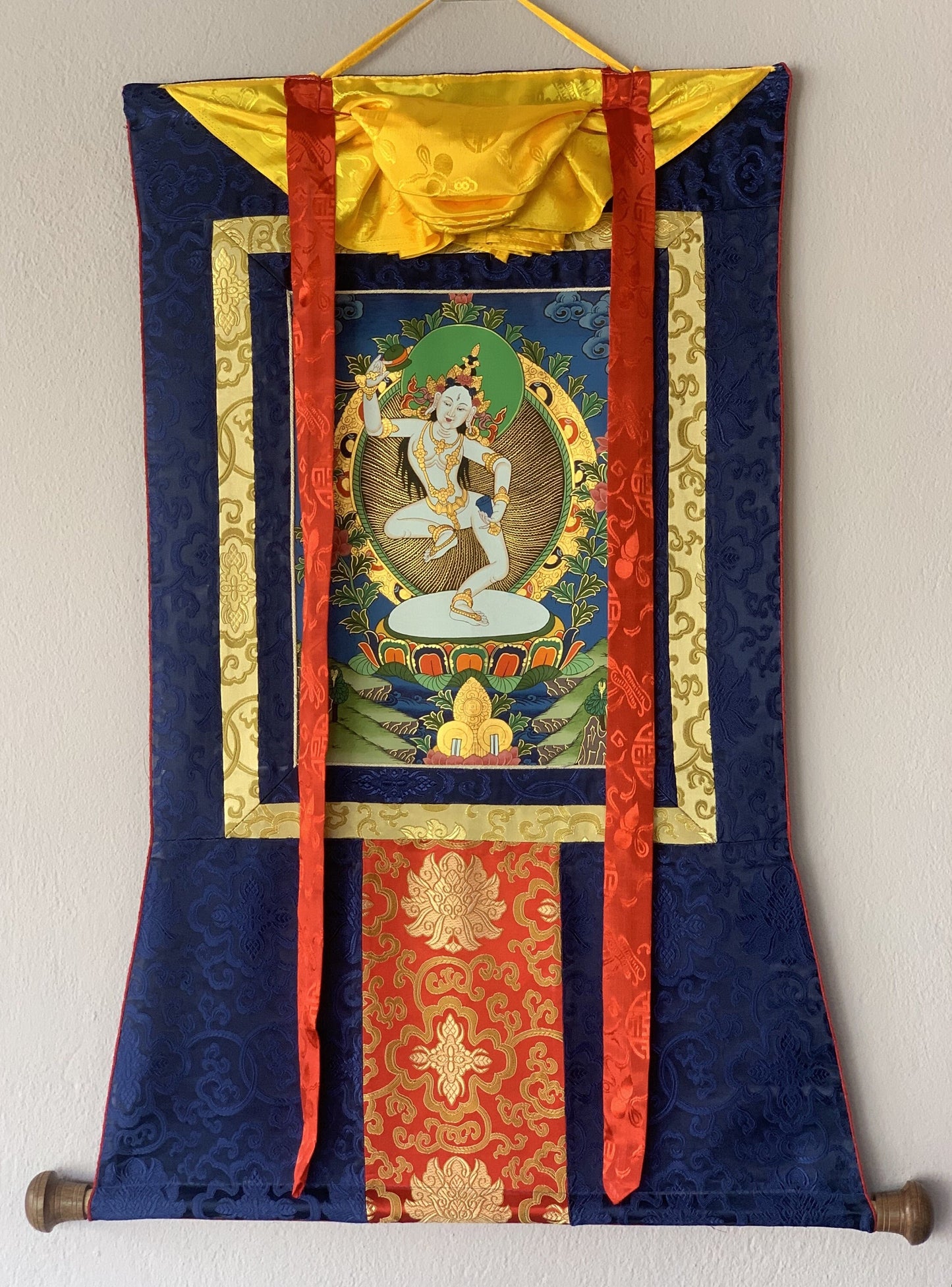 Hand-Painted, Machig Labdron, Tibetan Yogini, Original Thangka Painting, Buddhist Art, Home, Wall Décor  with Silk Brocade