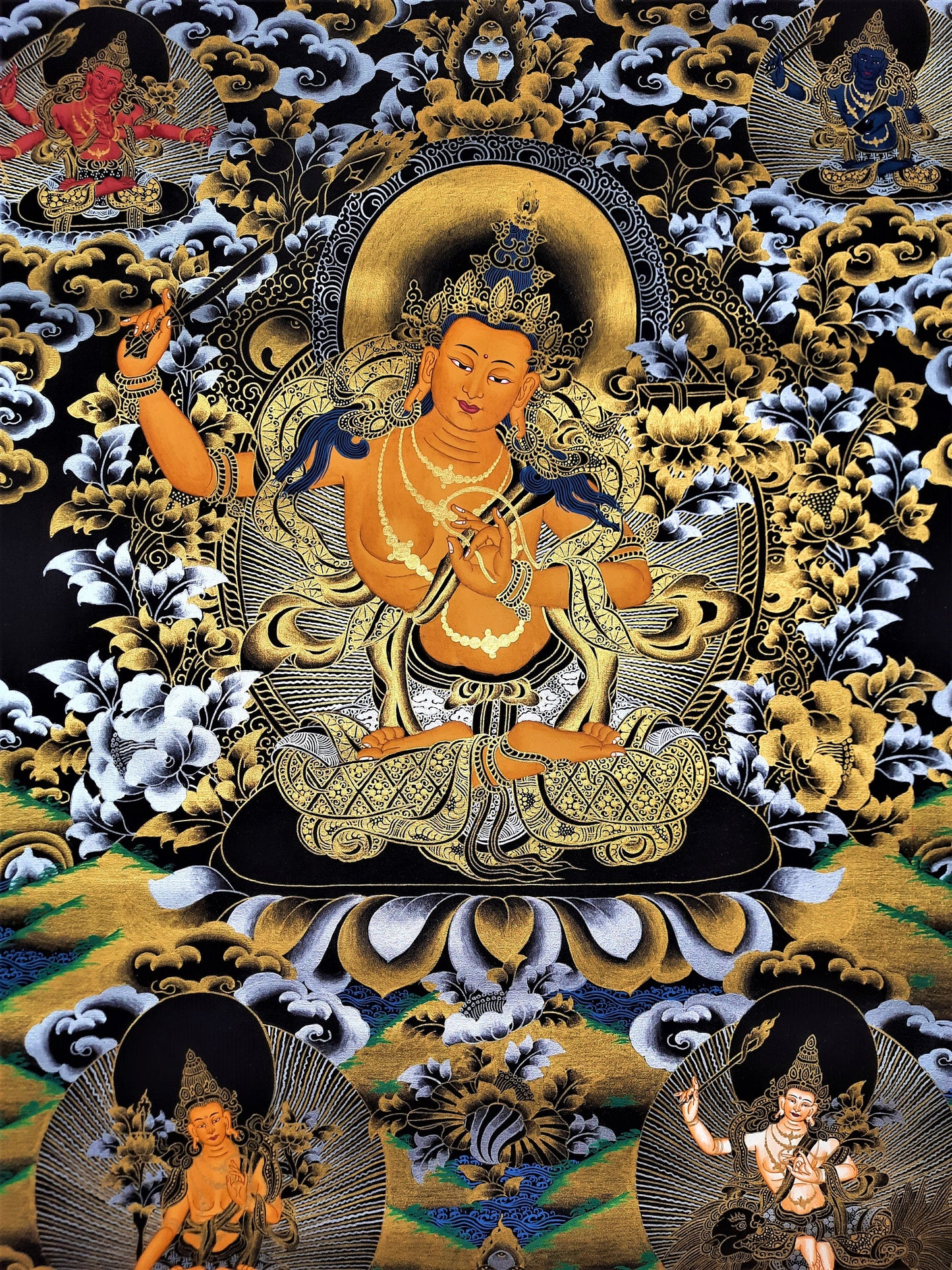 Hand painted Original Master Quality Pancha Manjushree/ Five Manjushri / God OF Wisdom Tibetan Thanka / Thangka /Painting From Nepal