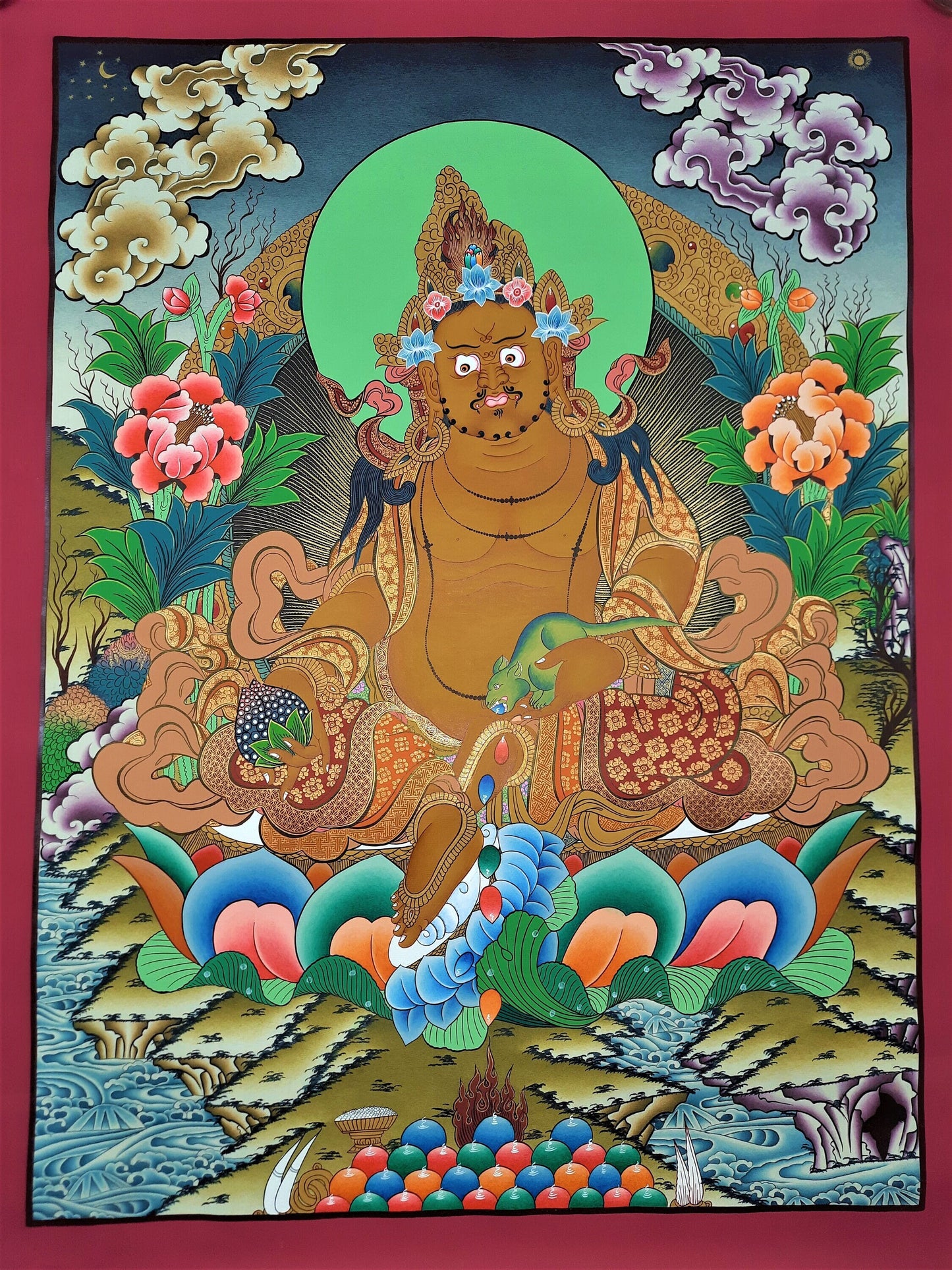 Original Hand Painted  Jambhala / God Of Wealth Masterpiece 24k Gold Tibetan Compassion / Meditation Thangka / Thanka  Painting From Nepal