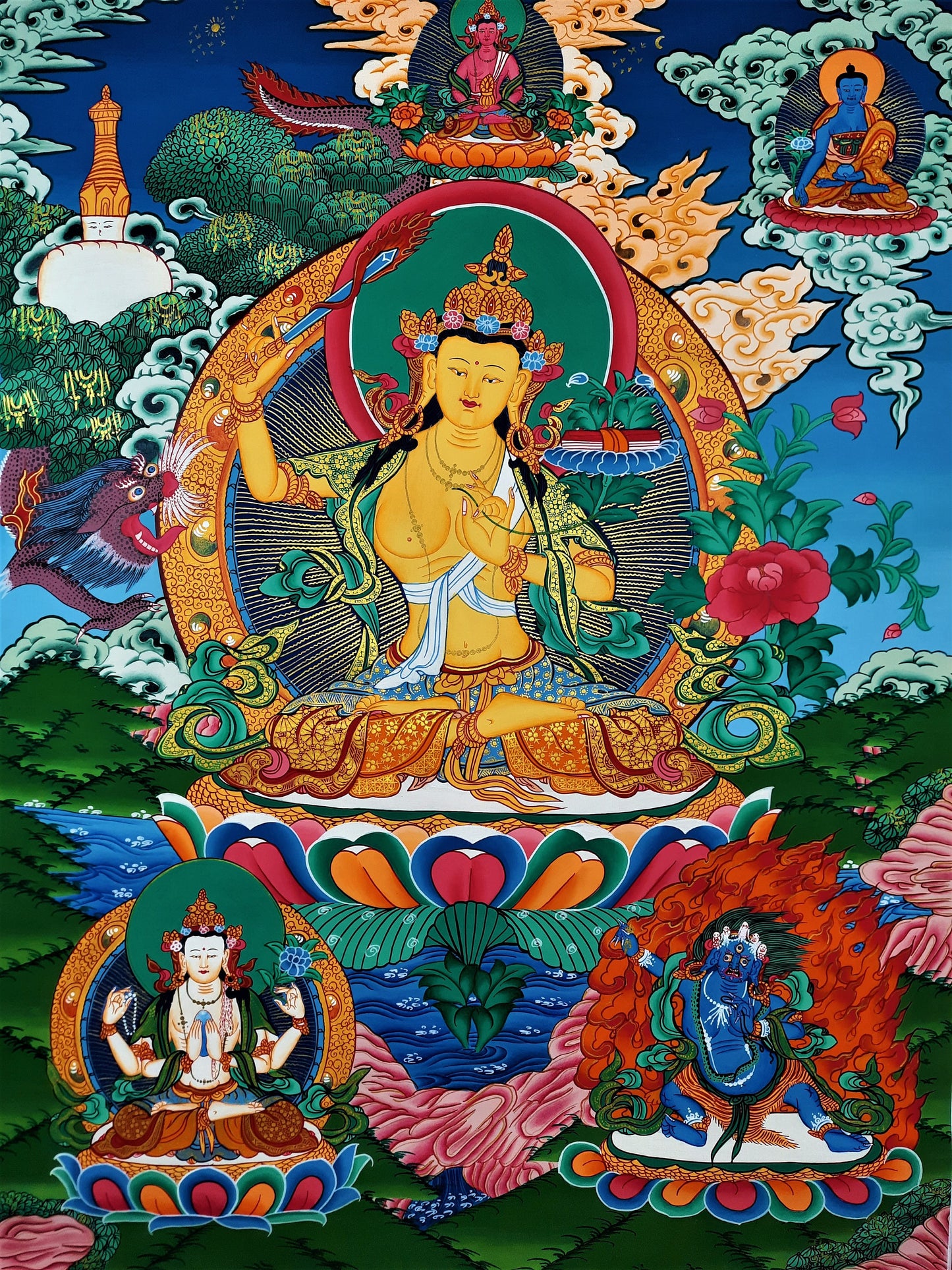 Hand painted Original Master Quality  Manjushree / Jampelyang/ God Of Wisdom Tibetan Meditation Thanka / Thangka / Painting From Nepal