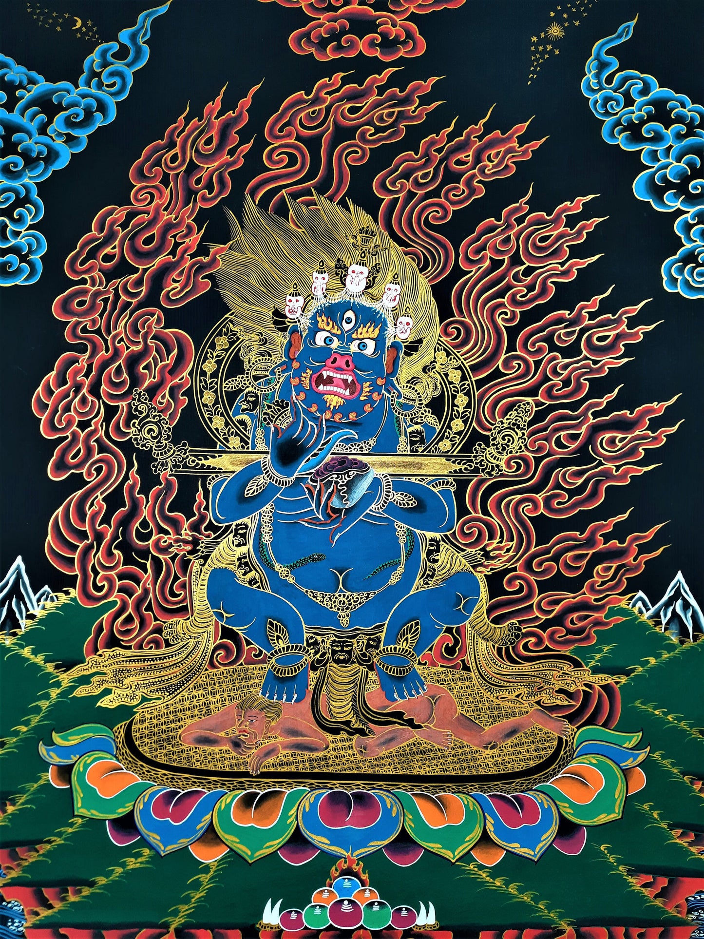 Original Hand Painted Masterpiece Two Armed Mahakala / Protector / Black-Cloaked Mahakala Tibetan Thangka / Thanka  Painting From Nepal